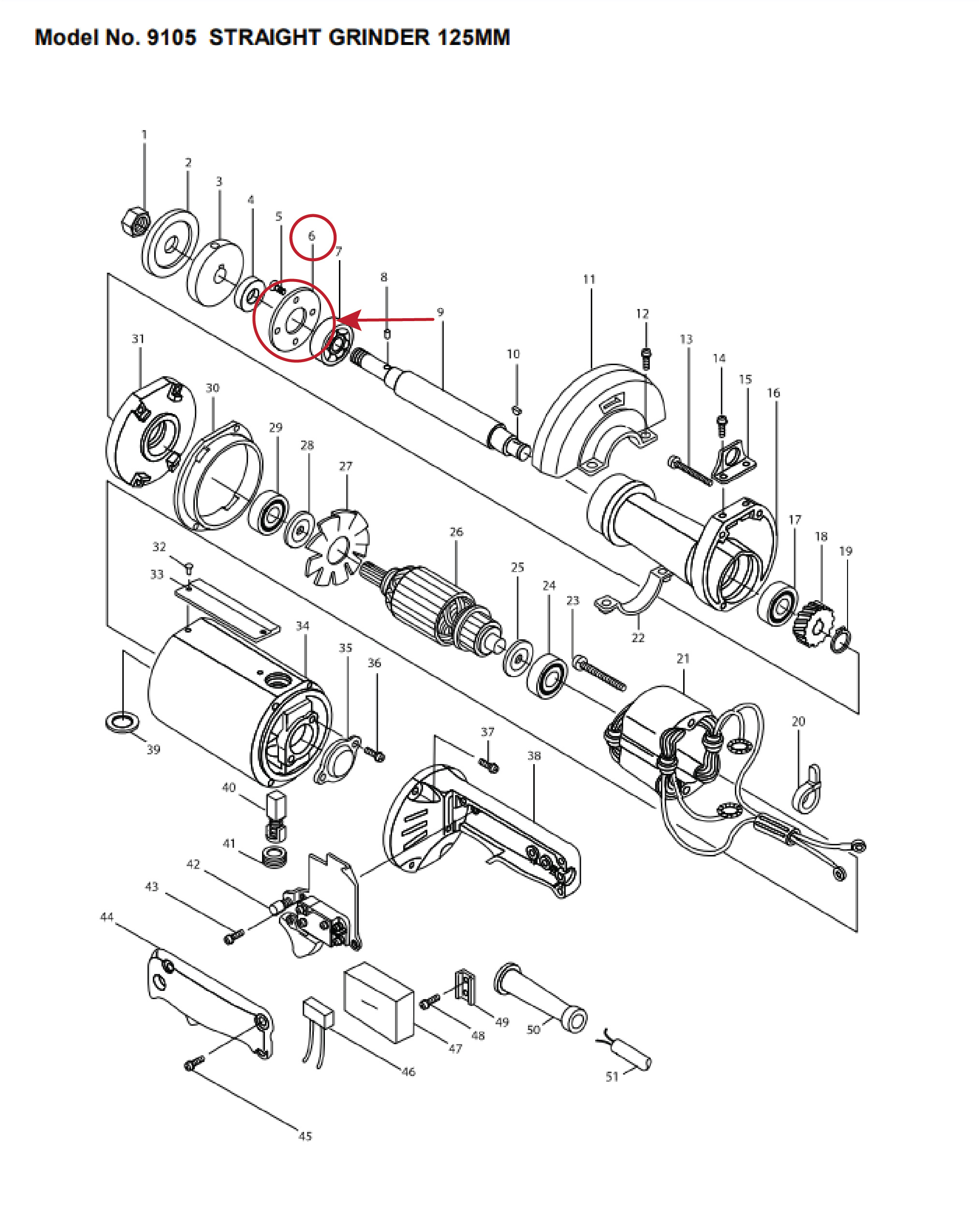 แหวนรองลูกปืนปลายแกนจับดอก (แท้) หินเจียรคอยาว Makita มากีต้า รุ่น 9105 #6 (285621-1) (อะไหล่แท้100%) BEARING RETATINER 47