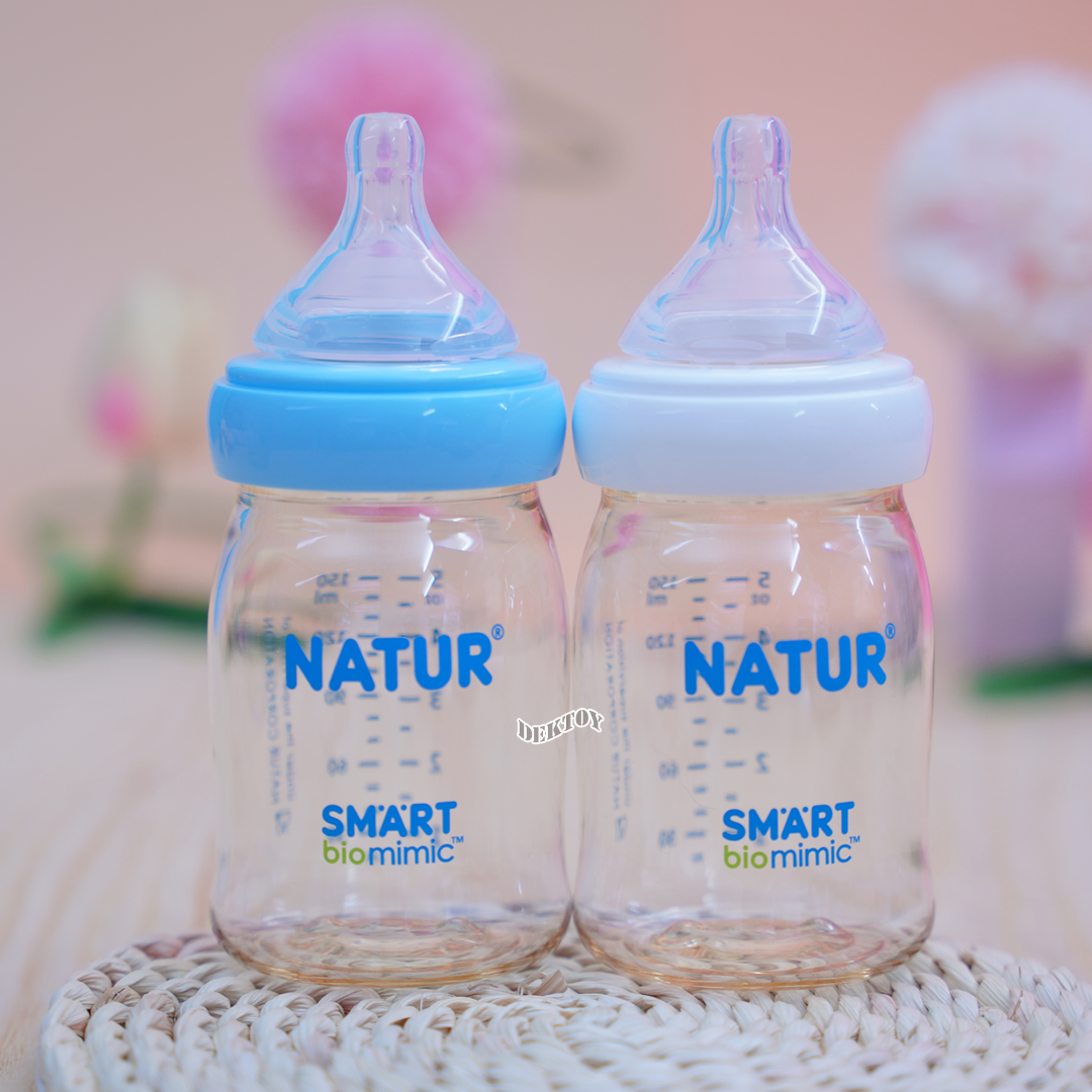 NEW-Natur เนเจอร์ ขวดนมเนเจอร์ไม่ดูด ไม่ไหล คอกว้างสมาร์ทไบโอมิมิคสีชาPES 5 ออนซ์