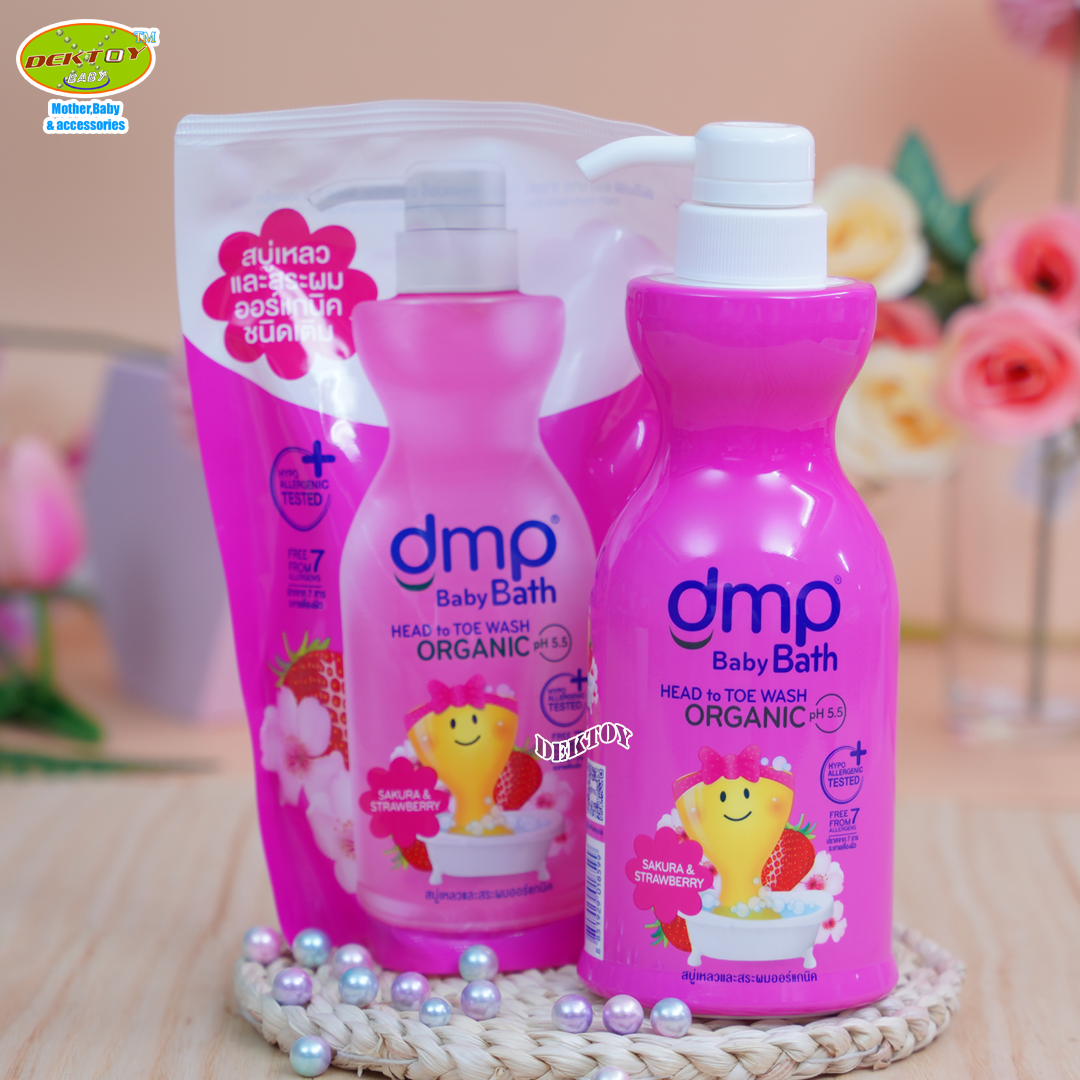 DMP Dermaporn สบู่อาบน้ำ ออร์แกนิค เบบี้บาธ ซากุระ & สตรอว์เบอร์รี่ สีชมพูเข้ม 480 มล. แถมถุงเติม 250 มล.