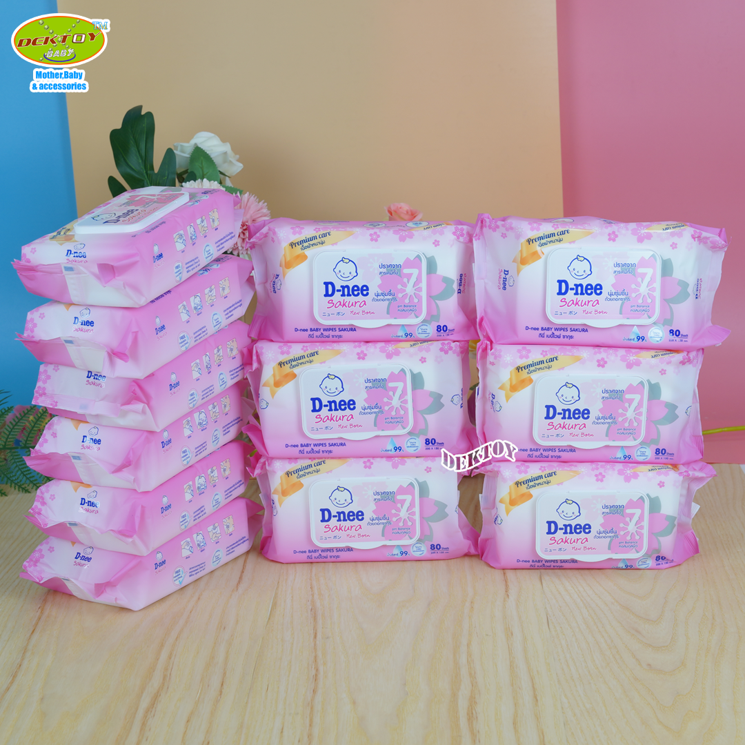 D-nee ดีนี่ ทิชชู่เปียก เบบี้ไวพส์ ซากุระ สูตรชุ่มชื้นพิเศษ สำหรับทารก 80 ชิ้น แพ็ค 2 ห่อ