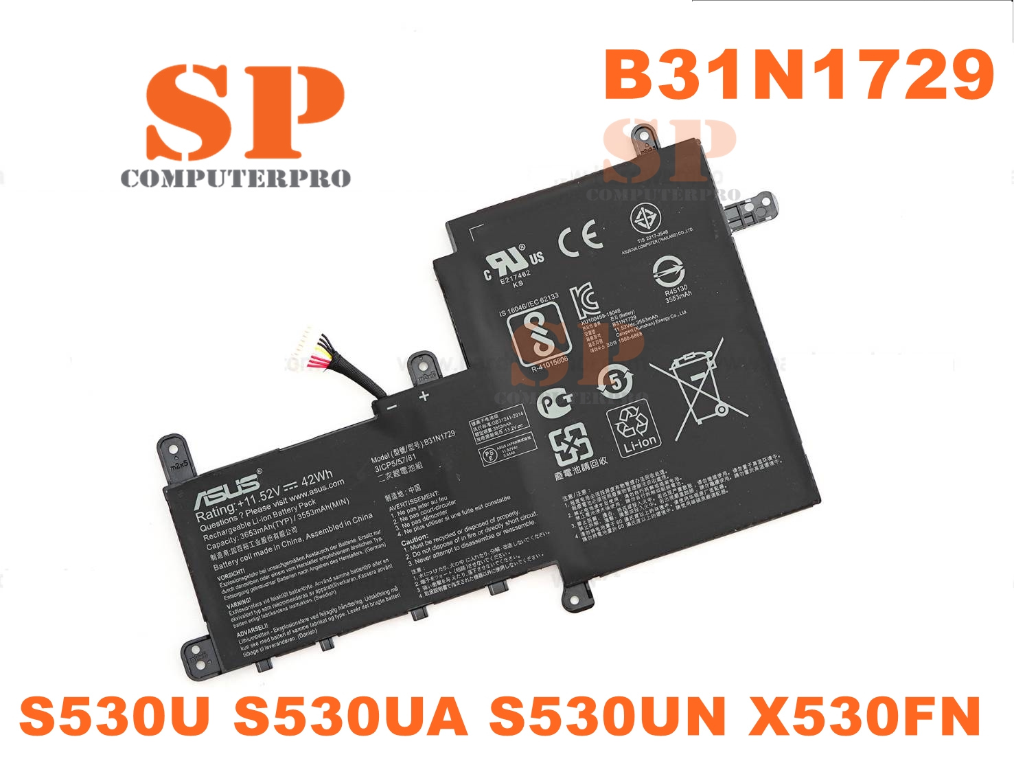 แบตเตอรี่ของแท้ ASUS VIVO BOOK S15 S530U S530UA S530UN X530FN Model: B31N1729
