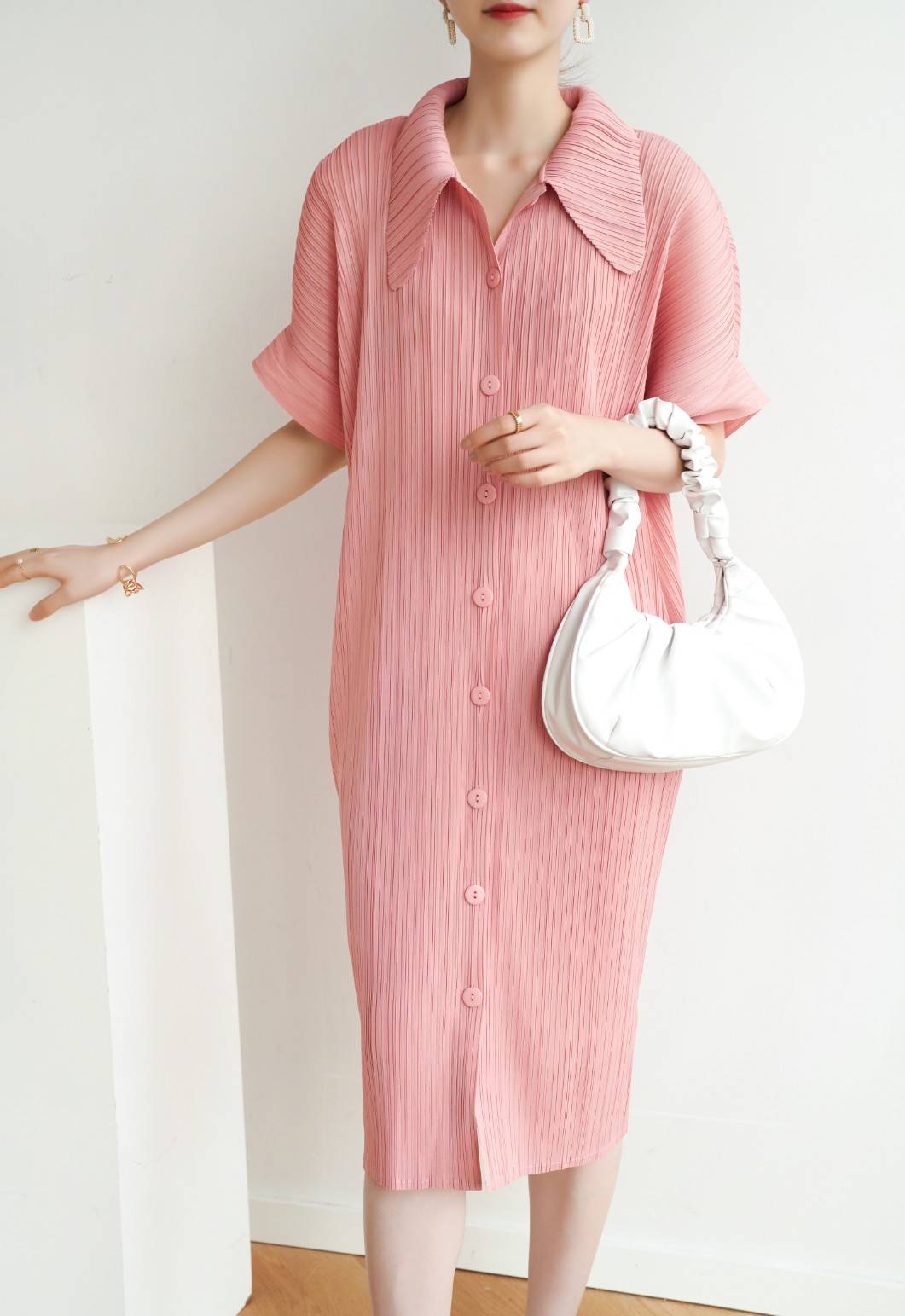 2MUAY รุ่น GJO2087 COLLAR BUTTON FRONT PLEAT DRESS เดรสอัดพลีทงานคุณภาพ 9สี FREE SIZE