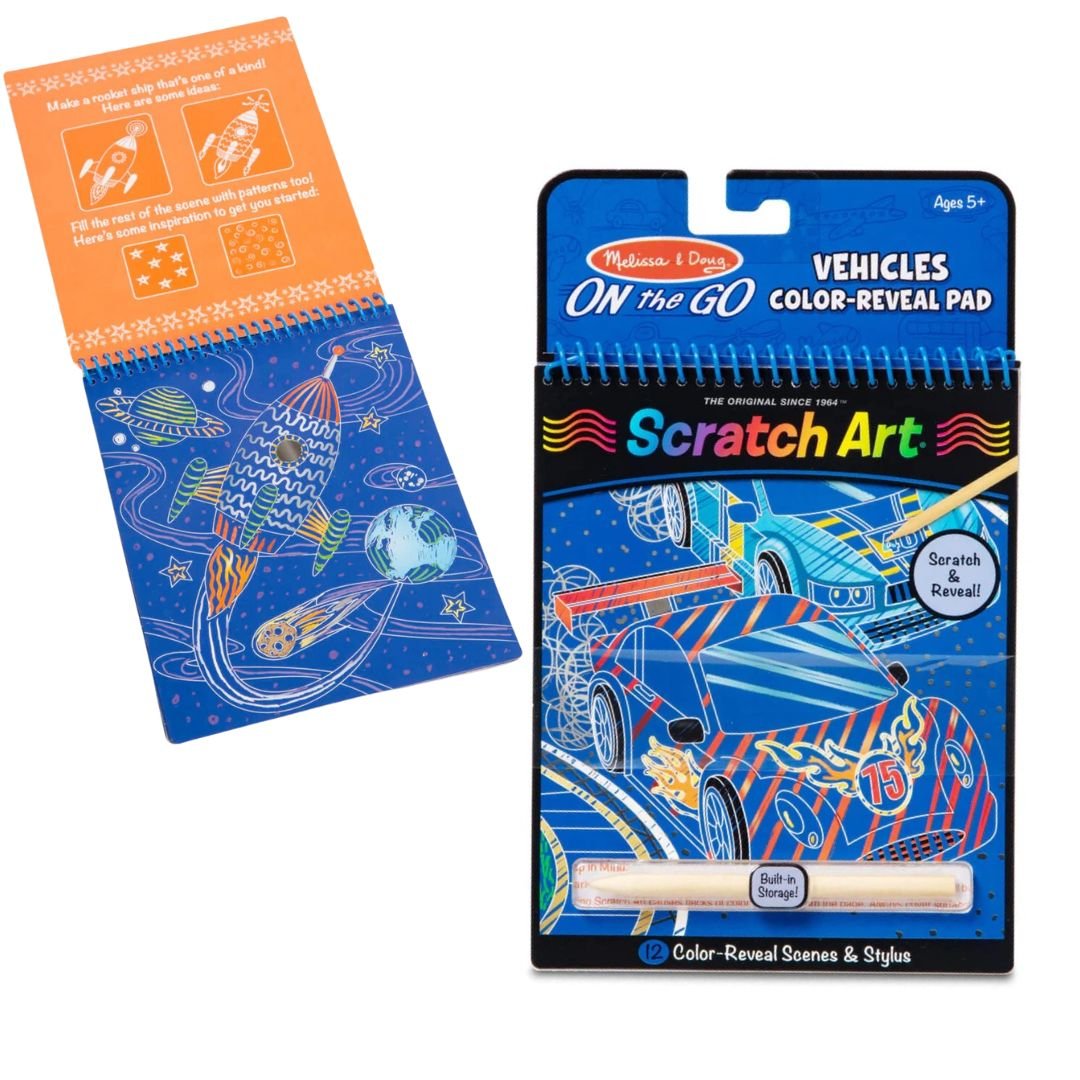 ชุดศิลปะขูดกระดาษ ตีมยานพาหนะ พกพาง่าย Melissa & Doug On the Go Scratch Art Color Reveal Pad - Vehicles