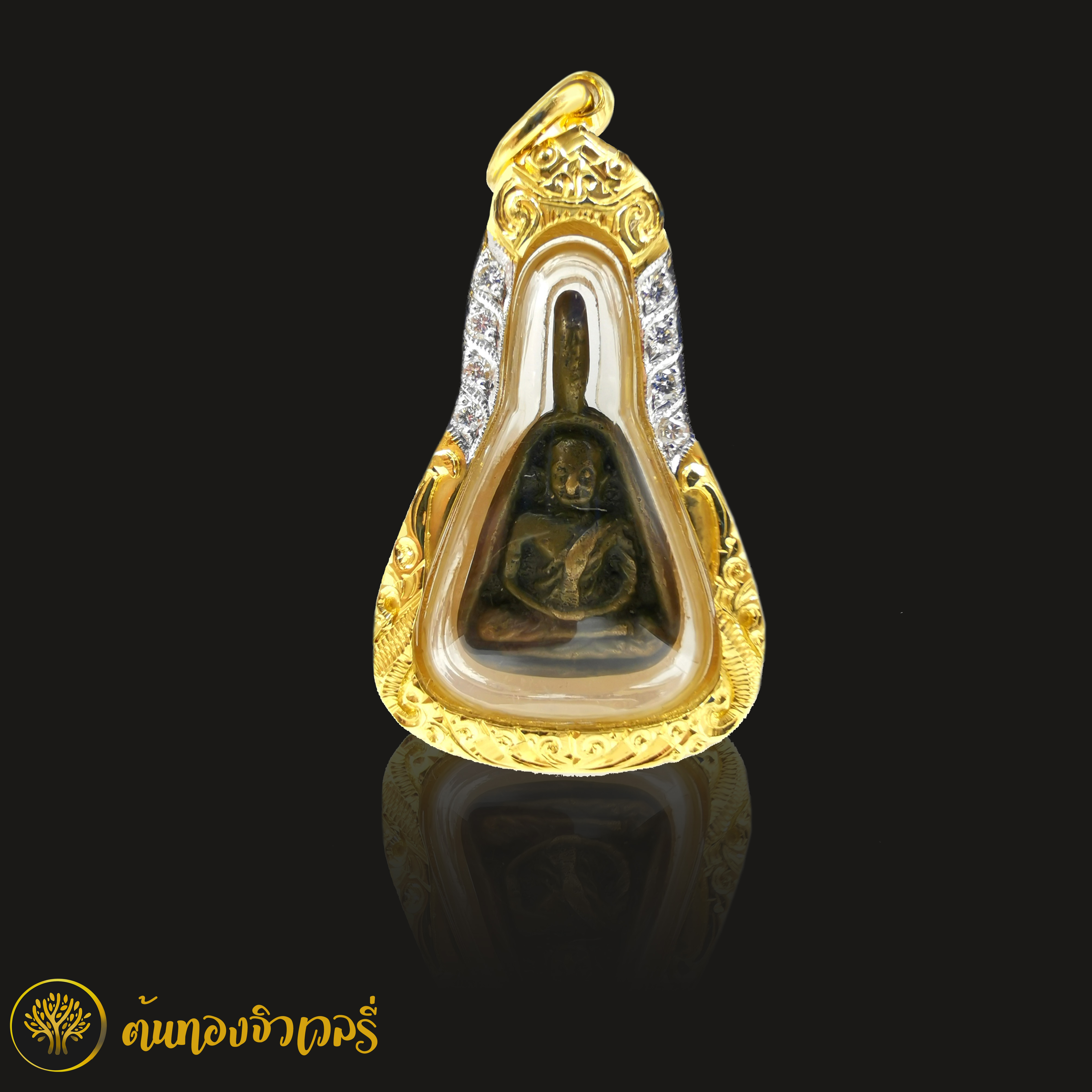 กรอบพระทองคำยกซุ้มหัวสิงห์ ฐานพญนาค ฝั่งเพชรแท้ ไซท์ 0.02 กะรัต 6 เม็ด สวยมากๆ