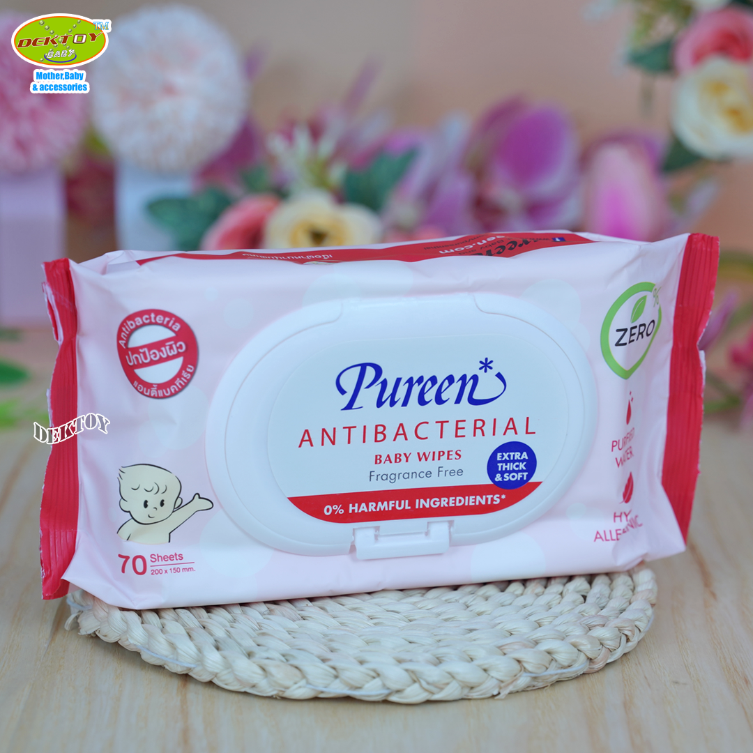 4ห่อ Pureen เพียวรีน ทิชชู่เปียก เบบี้ไวพส์ แอนตี้แบคทีเรียล 70 ชิ้น