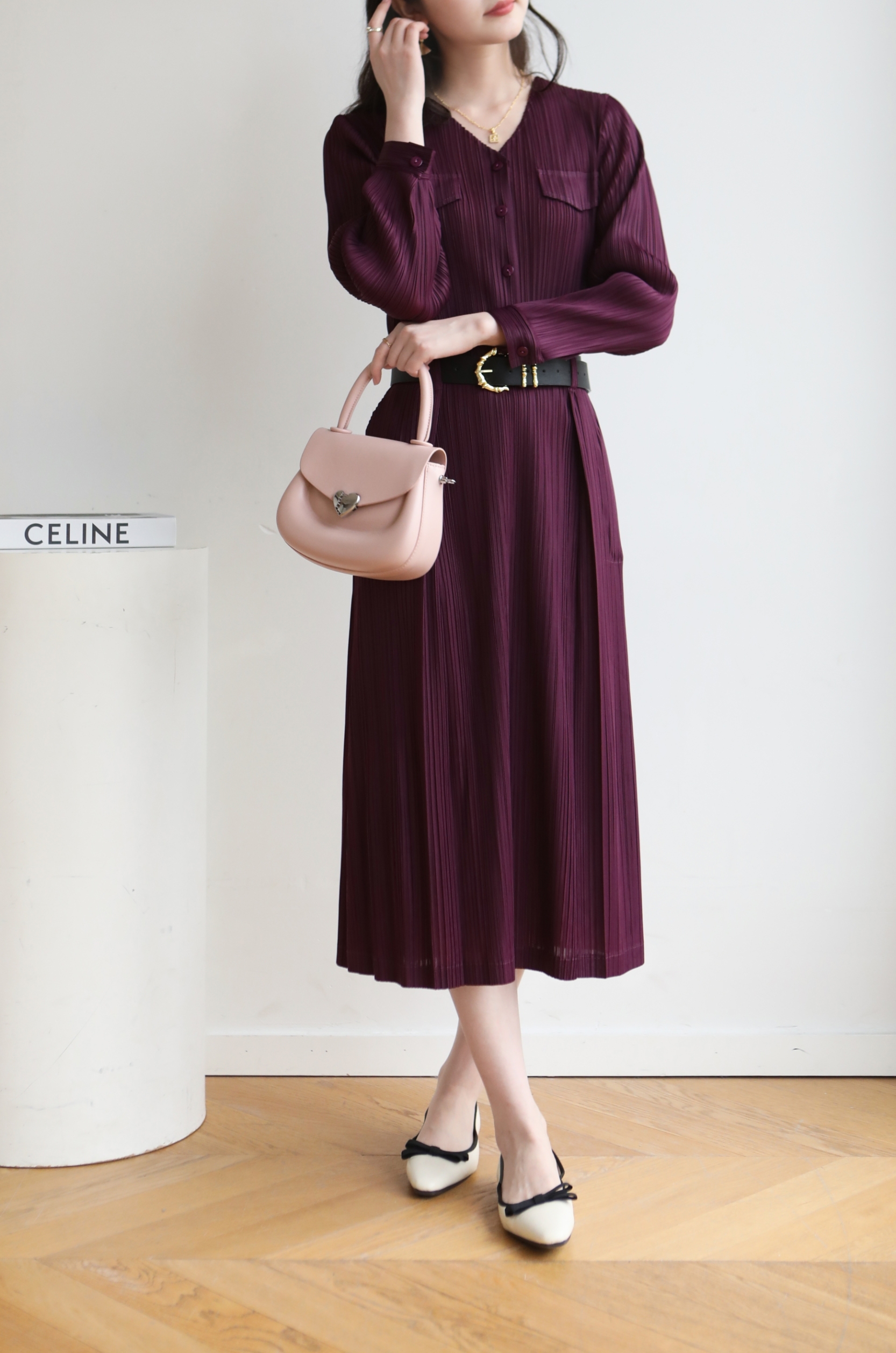 2MUAY รุ่น GJO1135 เดรสพลีทคุณภาพ V NECK LONG SLEEVE PLEATED DRESS 8 สี FREE SIZE