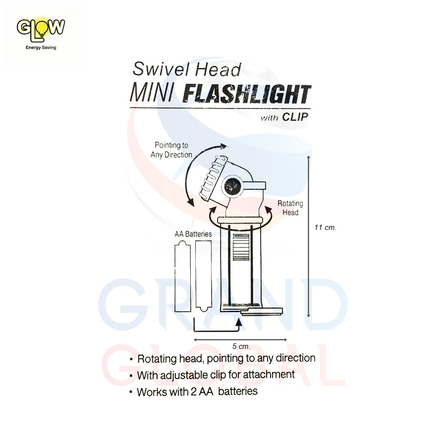 GLOW ไฟฉาย มินิ Swivel Head Mini Flashlight With Clip แบบใส่ถ่าน ตัวหนีบ หัวหมุน ปรับทิศทาง ไฟวอร์มไวท์ คละสี 1 ชิ้น
