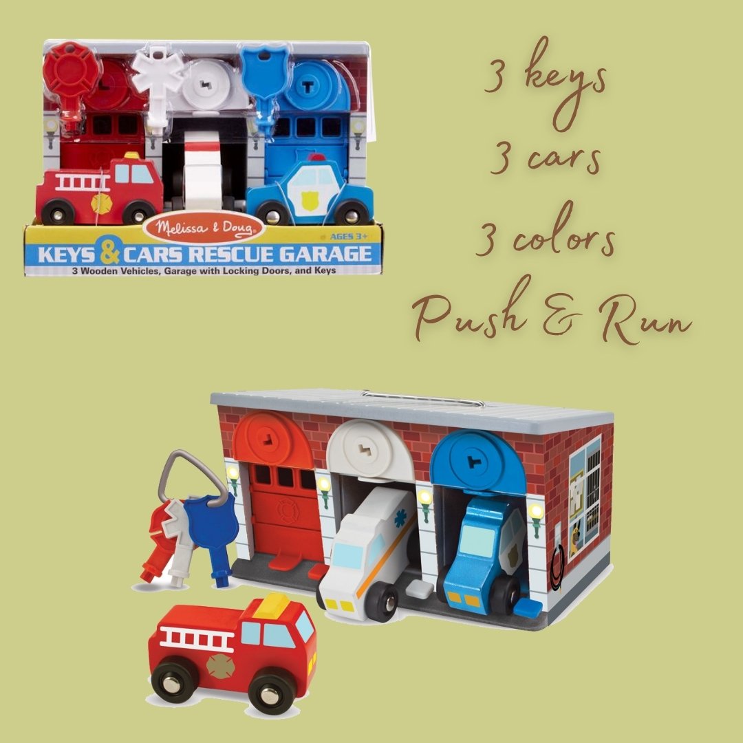 ชุดเล่นรถกู้ชีพ พร้อมโรงจอดรถ Melissa & Doug Keys & Cars Rescue Garage (Lock & Roll Fire Truck) รุ่น4607 ของเล่นเสริมพัฒนาการเด็ก