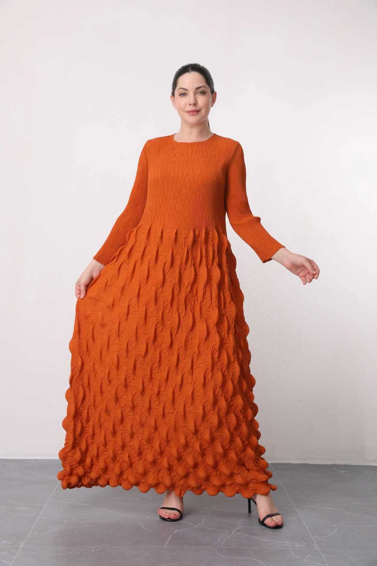 อกถึง 50 ยาว 51 นิ้ว 2MUAY รุ่น GA90089 เดรสอัดพลีทผ้าเนื้อ Matte LONG SLEEVE BUBBLE PLEATED DRESS 5 สี FREE SIZE