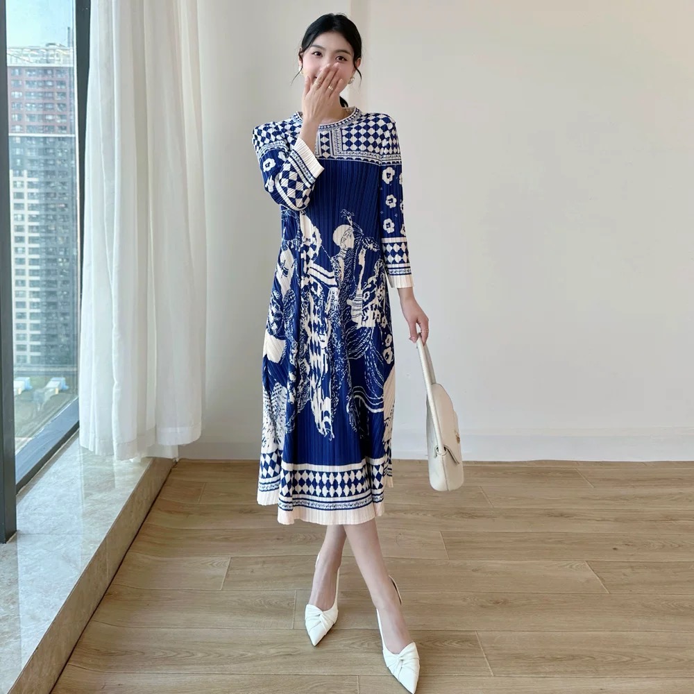 ปรับราคาลง30%!! 2MUAY รุ่น CX2465 เดรสพลีทคุณภาพ ROUND NECK LONG SLEEVE PRINTED PLEATED DRESS 4 สี FREE SIZE