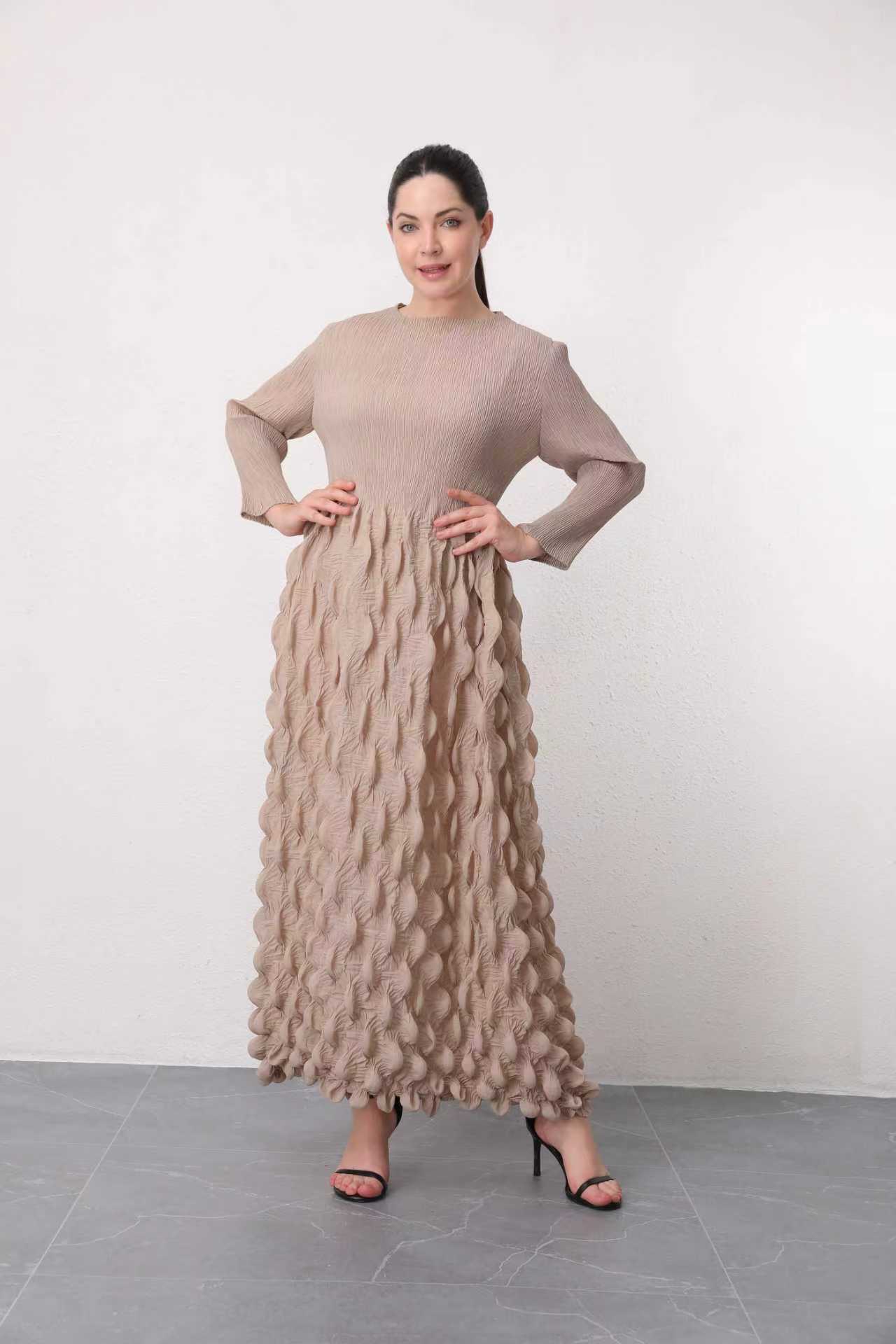 อกถึง 50 ยาว 51 นิ้ว 2MUAY รุ่น GA90089 เดรสอัดพลีทผ้าเนื้อ Matte LONG SLEEVE BUBBLE PLEATED DRESS 5 สี FREE SIZE