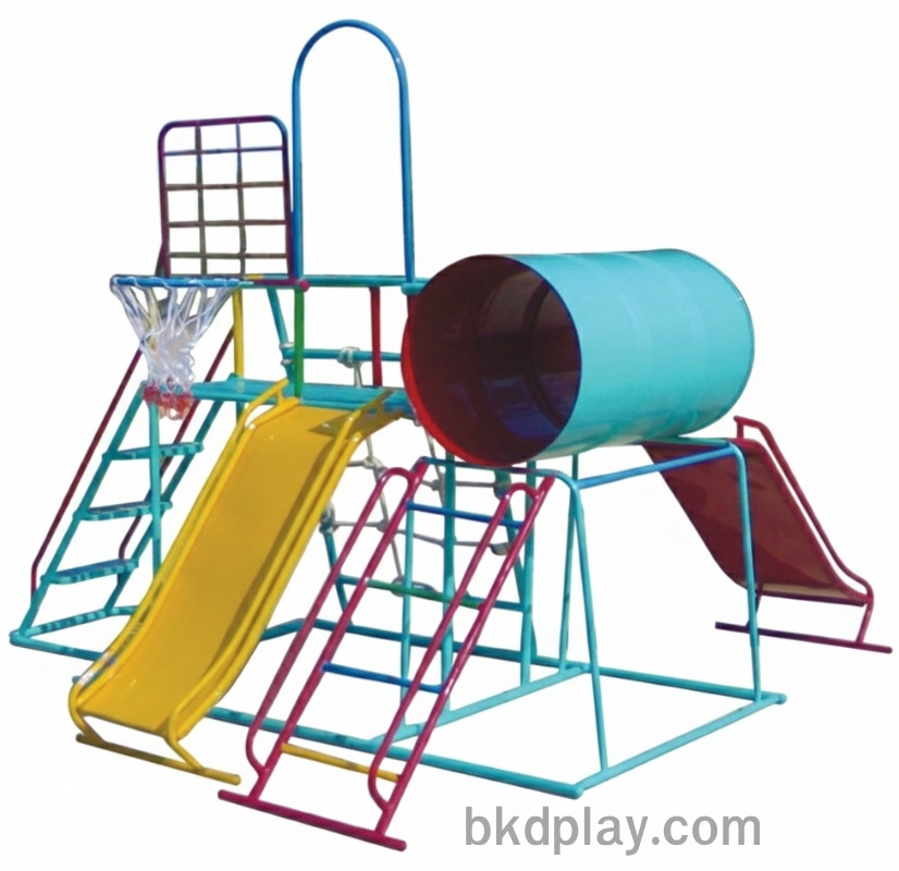 เครื่องเล่นสนามชุดรวมD ประกอบด้วยสไลเดอร์ปีนป่ายแป้นบาสและถังลอด, เครื่องเล่นสนามกลางแจ้ง , เครื่องเล่นสนามเหล็ก, ของเล่น, OutdoorPlayground,สนามเด็กเล่น,เครื่องเล่นงบสพฐ.ประชารัฐ ราคาโรงงาน ขนาด120x120x150 ซม.