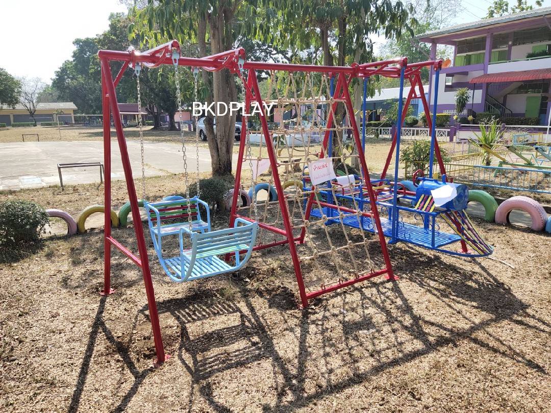 เครื่องเล่นสนามกลางแจ้ง เหล็ก ชุดปีนป่ายรวมรถไฟ พร้อมชิงช้านั่งคู่ OutdoorPlayground,ผลิตเครื่องเล่นสนาม,เครื่องเล่นในสนามเด็กเล่น,เครื่องเล่นงบสพฐ.,ประชารัฐ, ราคาโรงงาน ขนาด 150 x 350 x 160 ซม.