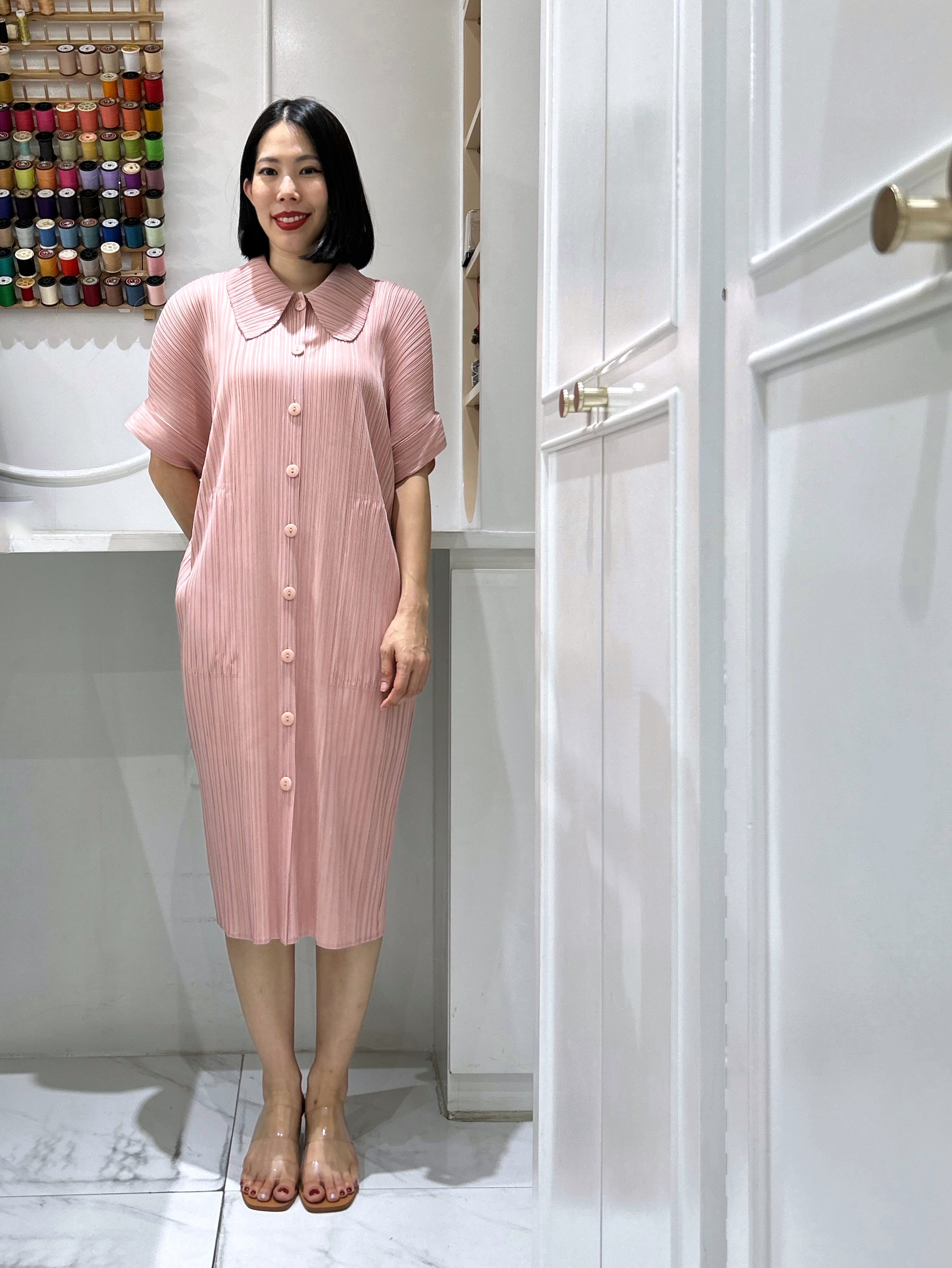2MUAY รุ่น GJO2087 COLLAR BUTTON FRONT PLEAT DRESS เดรสอัดพลีทงานคุณภาพ 9สี FREE SIZE