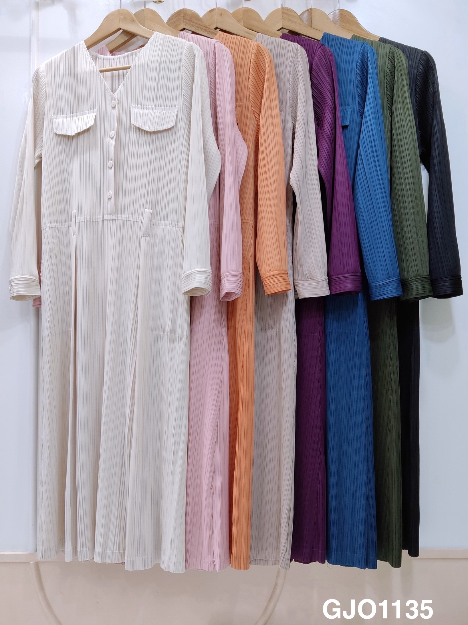 2MUAY รุ่น GJO1135 เดรสพลีทคุณภาพ V NECK LONG SLEEVE PLEATED DRESS 8 สี FREE SIZE