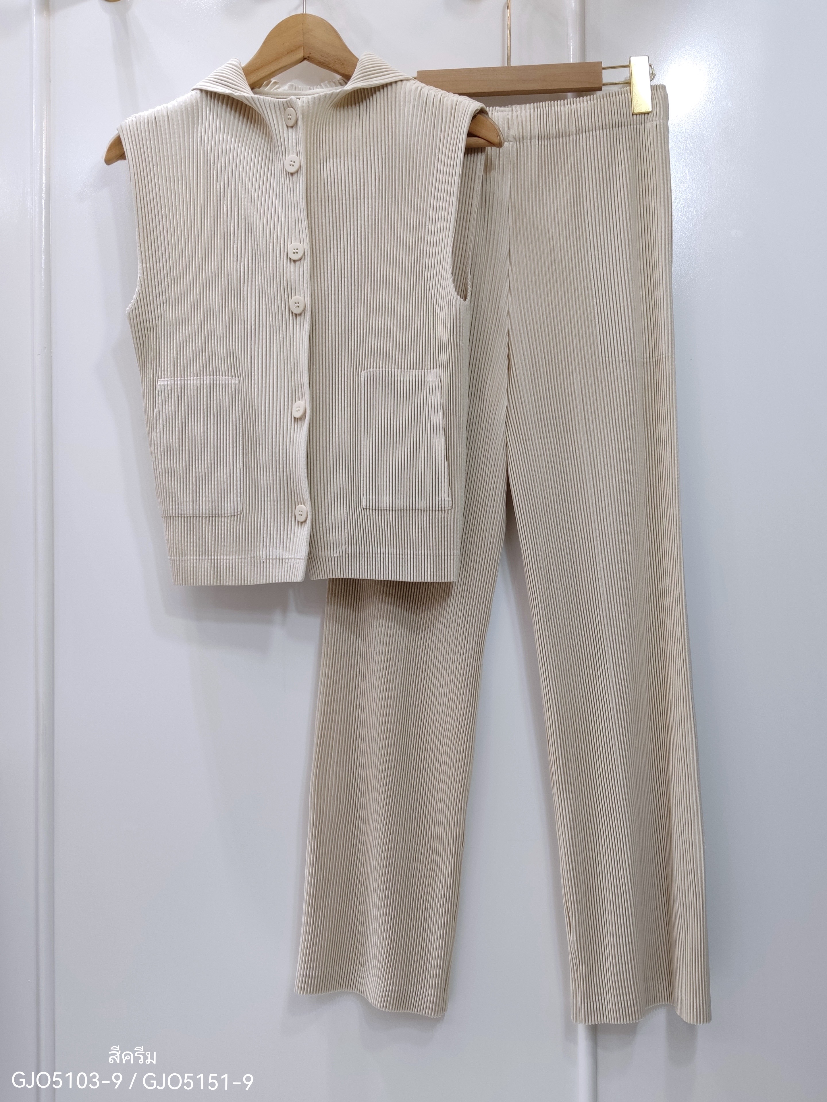 2MUAY รุ่น GJO5103-9 / GJO5151-9 เซ็ตพลีทคุณภาพ THICK SLEEVELESS HOODED TOP WITH PANT PLEATED SET 8สี FREE SIZE