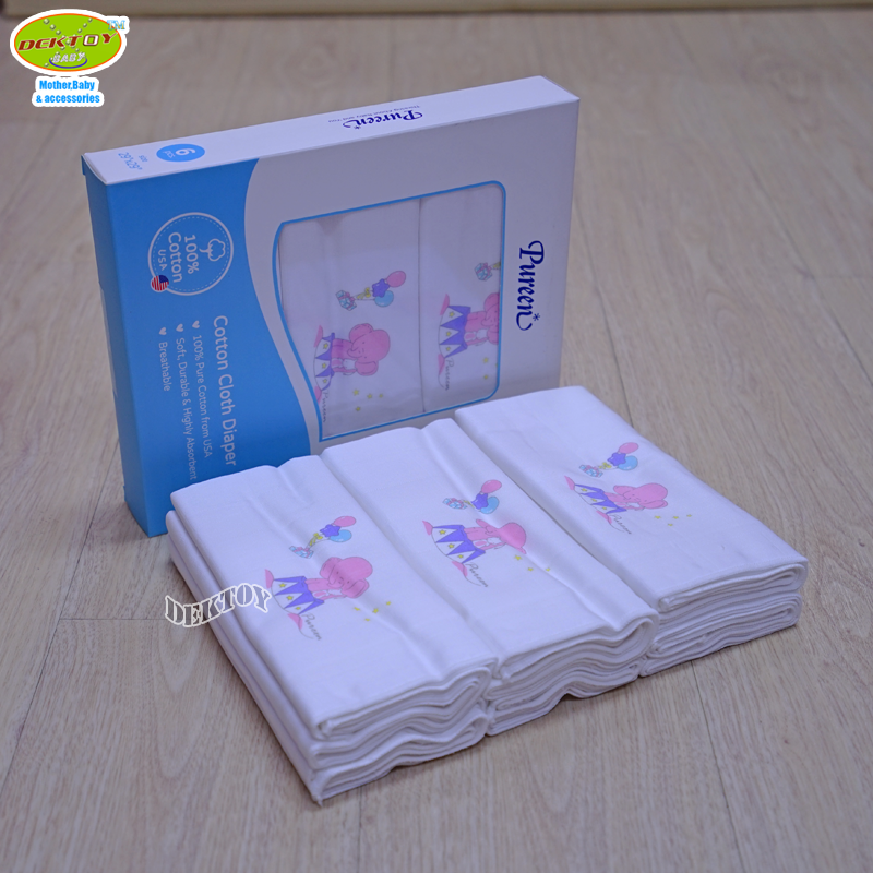 Pureen เพียวรีน ผ้าอ้อมคอตตอนเพียวรีนพิมพ์มุม Cotton USA 2 ชั้นไซส์ 29 x 29 นิ้ว แพ็ค 6 ผืน