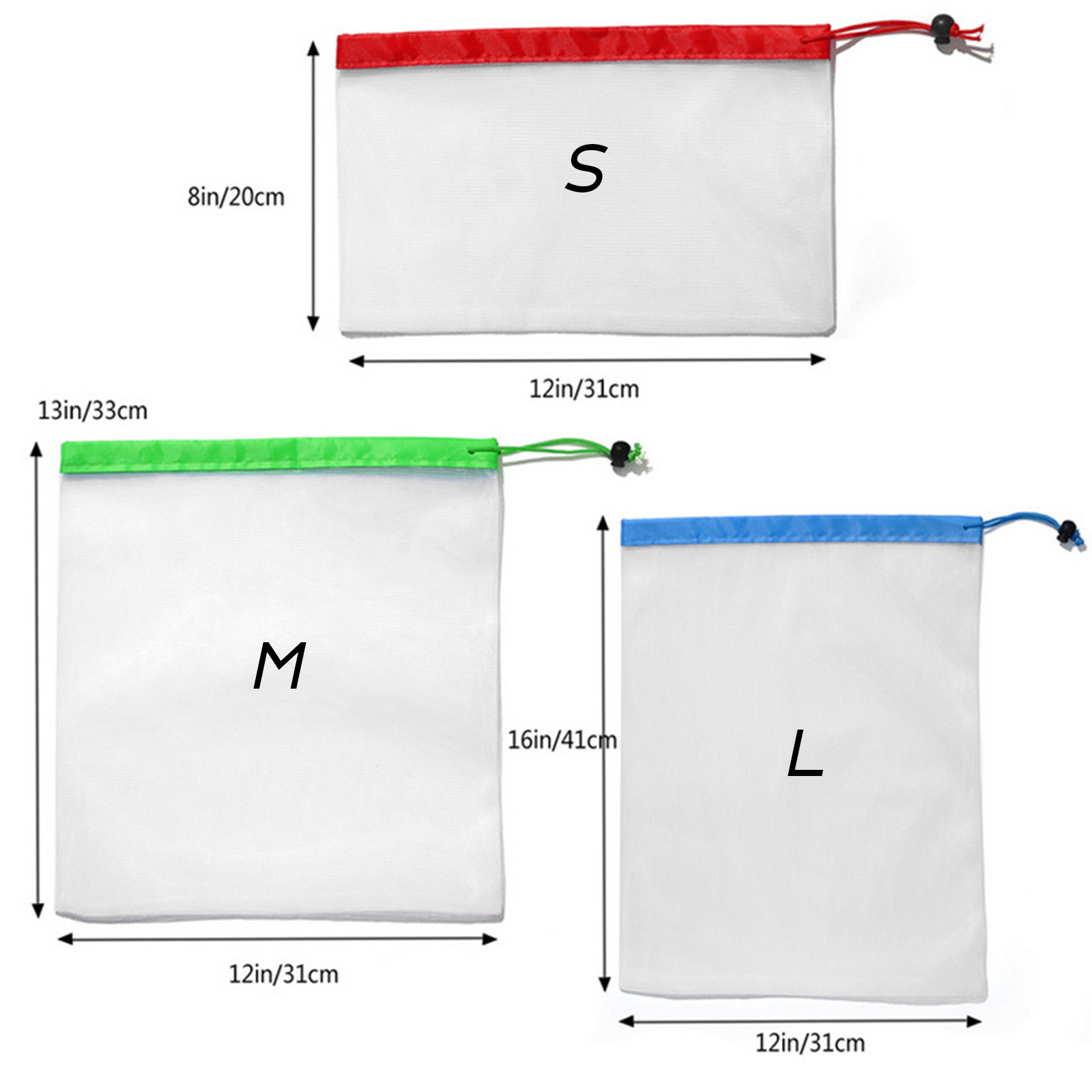 ถุงตาข่ายแถบเชือก มีให้เลือก 3ขนาด S M L มี 3สี สำหรับเก็บผักผลไม้ เหนียว แข็งแรง