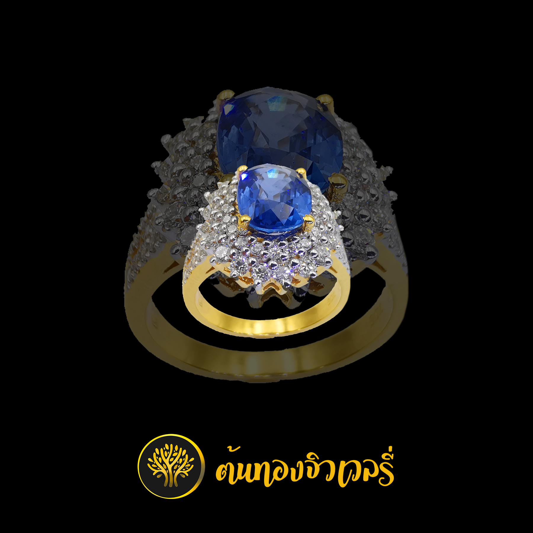 แหวนพลอยไพลิน ล้อมเพชร ทรงดอกไม้ ก้านฝังเพชร สวยเวอร์ๆเลยครับ