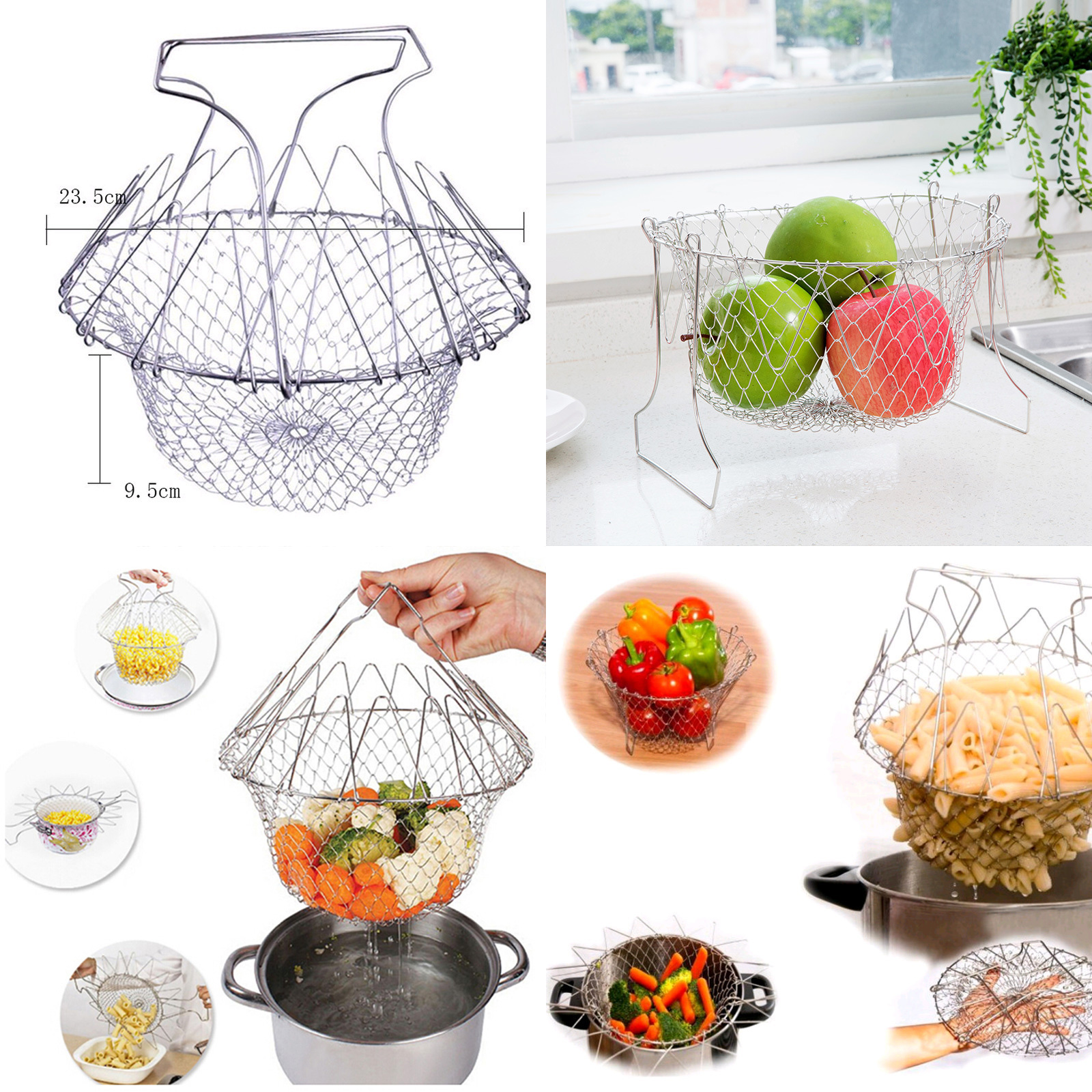 ตะกร้านึ่งกางหุบ / ตาข่ายหิ้วรองต้ม สแตนเลส มีสองรุ่นให้เลือก สินค้าเกรดคุณภาพ ไม่มีสารเจือปน ราคาประหยัด ใช้งานง่าย