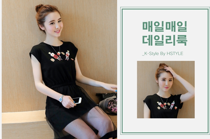 ชุดเดรส สีดำผ้าคอตตอนยืดหยุ่นพิมพ์ลายการ์ตูนหน้าอก ตัดต่อกระโปรง2ชั้นด้วยผ้าชีฟอ