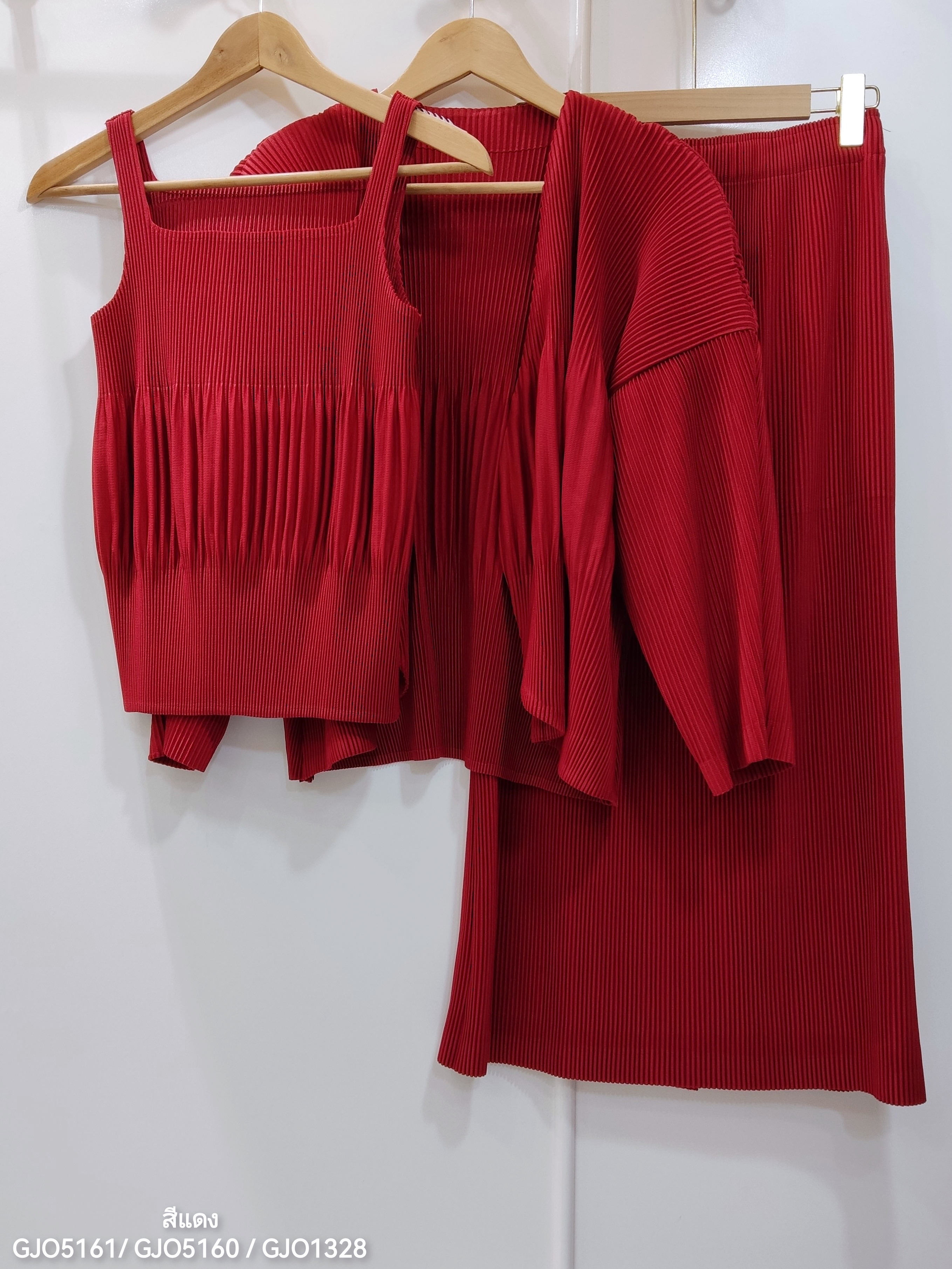 SET 3 ชิ้น 2MUAY รุ่น GJO5161 / GJO5160 / GJO1328 เซ็ตพลีท THICK SQUARE NECK TOP , OPEN FRONT CARDIGAN WITH SKIRT PLEATED SET 12 สี FREE SIZE