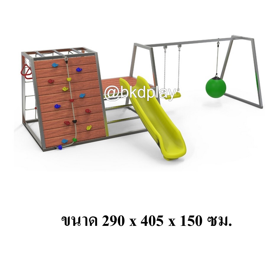 รุ่น BKDPLAY-S-30 เครื่องเล่นสนามไม้สแตนเลส เกรด304 ปีนป่ายหน้าผา+ ปีนป่ายเชือก+ ชิงช้า+ ห้อยโหน ไม้เนื้อแข็ง ผลิตในไทย ใช้สแตนเลสไม่เป็นสนิม เครื่องเล่นสนามกลางแจ้ง เครื่องเล่นสนามไม้ ปีนป่าย กายภาพบำบัด