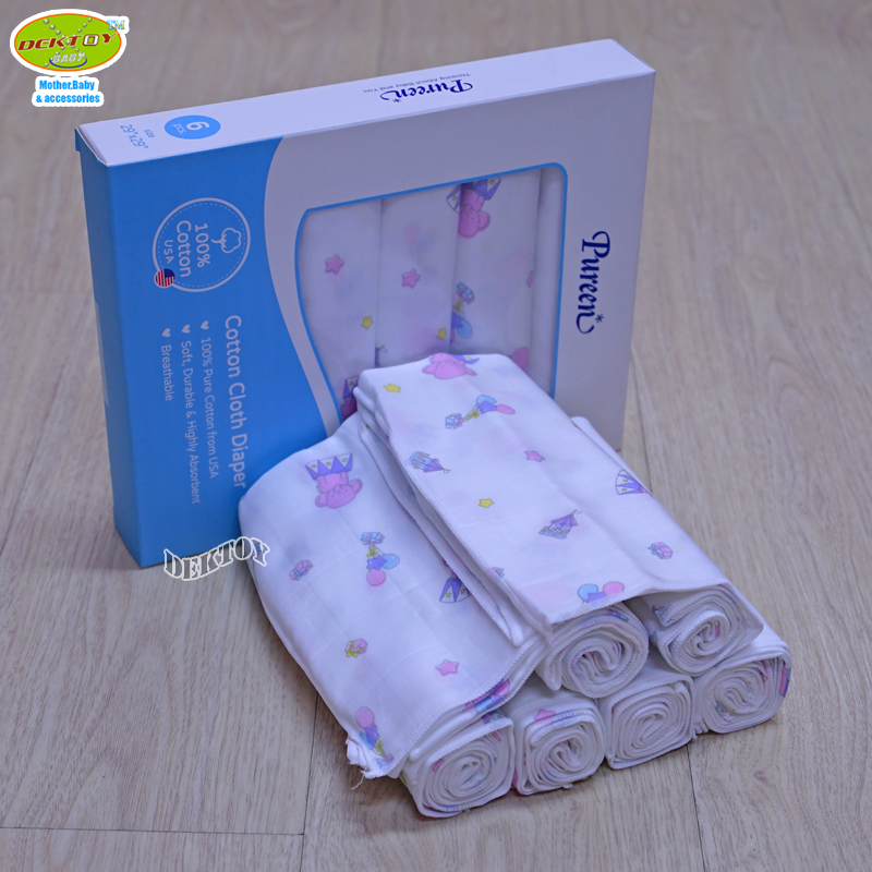 Pureen เพียวรีน ผ้าอ้อมคอตตอนเพียวรีนพิมพ์กระจาย Cotton USA 2 ชั้นไซส์ 29 x 29 นิ้ว แพ็ค 6 ผืน