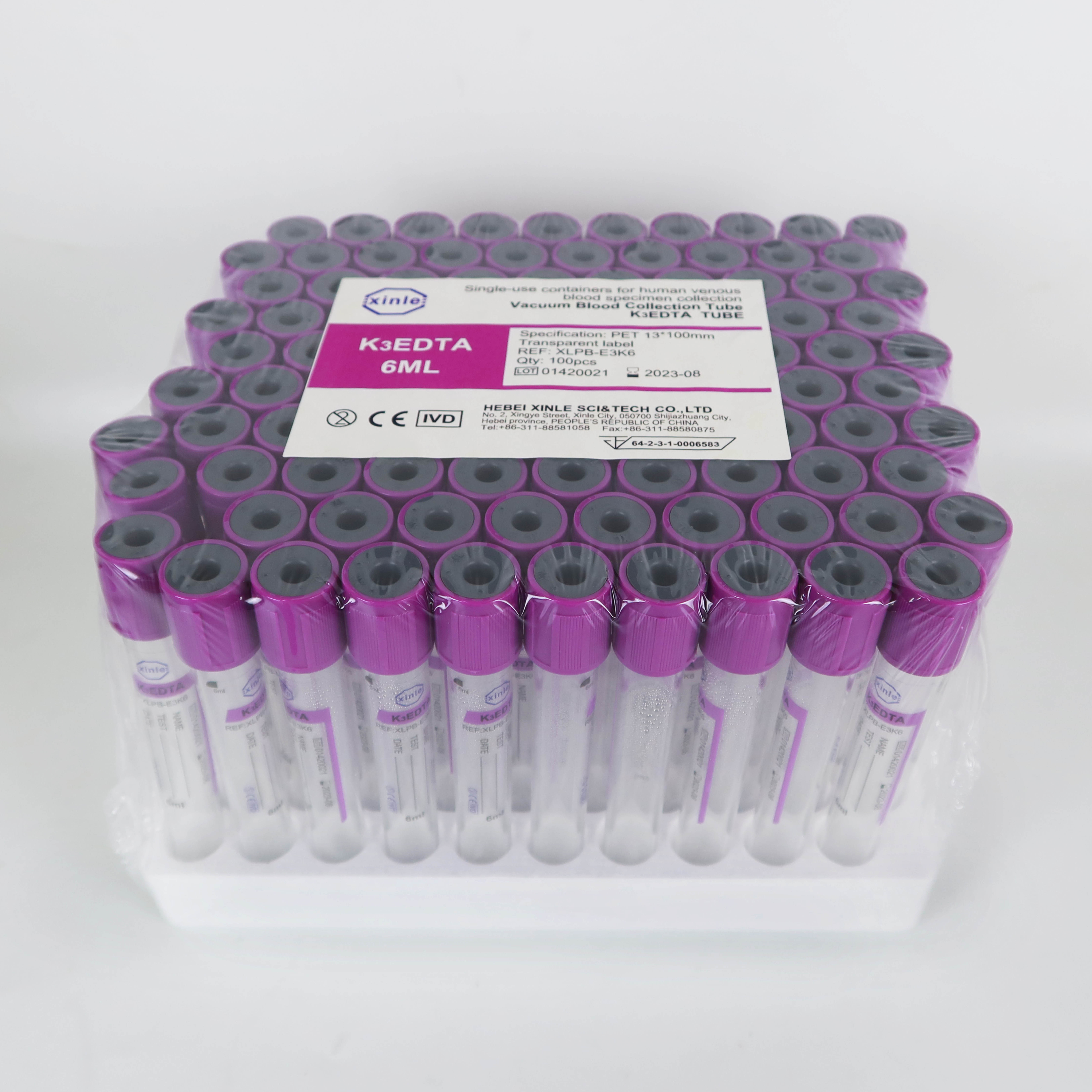 EDTA K3 Vacuum Tube หลอดบรรจุสิ่งส่งตรวจ ขนาด 6 mL. Size 13x100 mm., 100 ชิ้น/เเพ๊ค