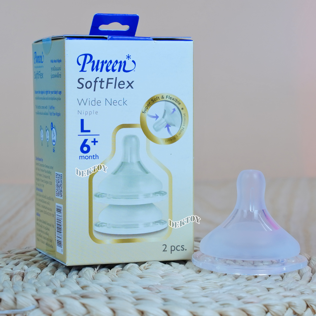 Pureen Softflex จุกนมเพียวรีนเสมือนนมแม่ รุ่นซอฟเฟล็กช์ จุกนมไม่ดูดไม่ไหล สำหรับขวดคอกว้าง แพ็ค2ชิ้น