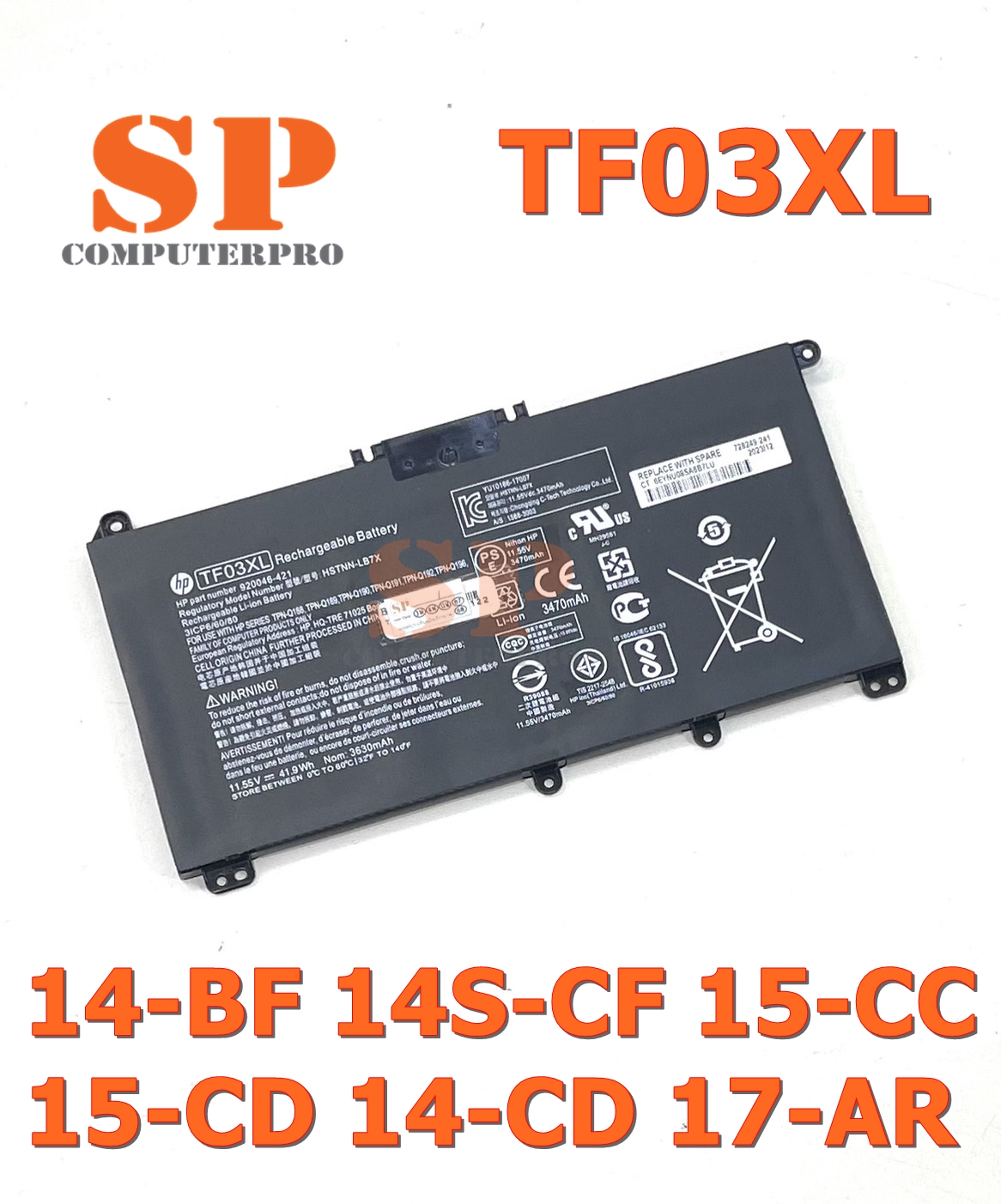 HP BATTERY แบตเตอรี่โน๊ตบุ๊ค HP แท้ 14-BF 14-BK 14-CK 14-CD 14-DH 14S-CF 15-CC 15-CD 15-CK 17-AR : TF03XL