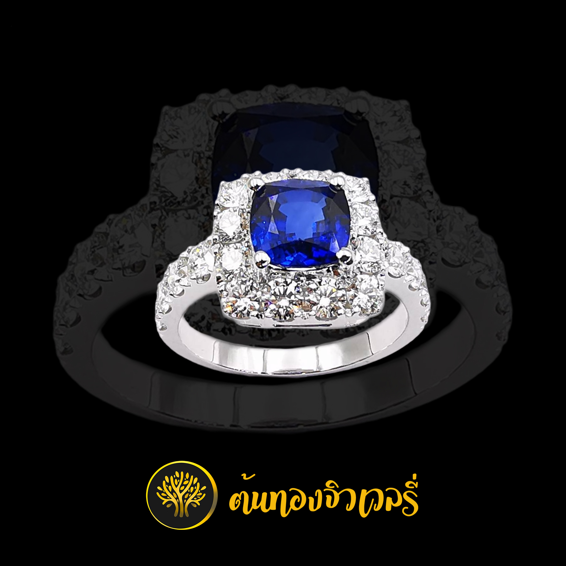 แหวนเงินไพลิน ล้อมเพชร บ่าข้าง โดดเด่นด้วย ไพลินสีน้ำเงิน สวยจัดๆ