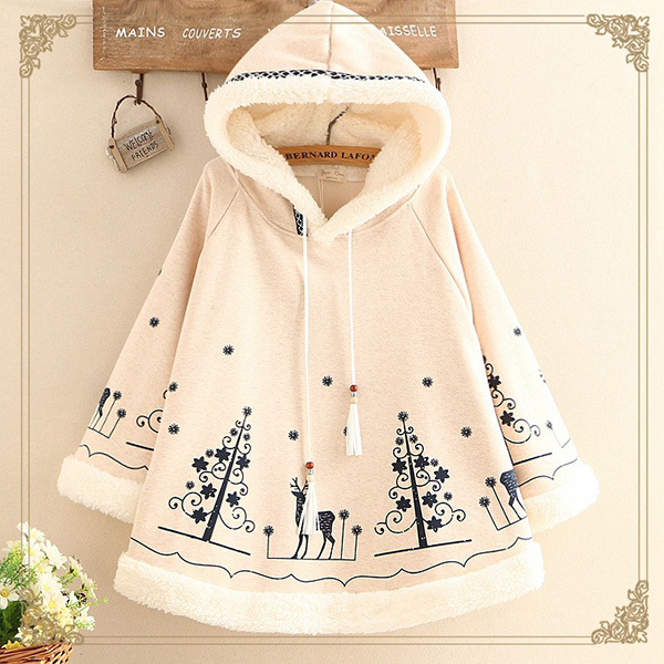 เสื้อสเวตเตอร์กันหนาวแฟชั่นญี่ปุ่น ทรงครึ่งวงกลม มีฮู้ดบุขนแกะ-12252