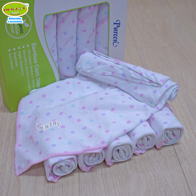 Pureen เพียวรีน ผ้าอ้อมเยื่อไผ่เพียวรีน สีชมพู 29 x 29 นิ้ว 6 ผืน Organic Bamboo Cloth Diaper