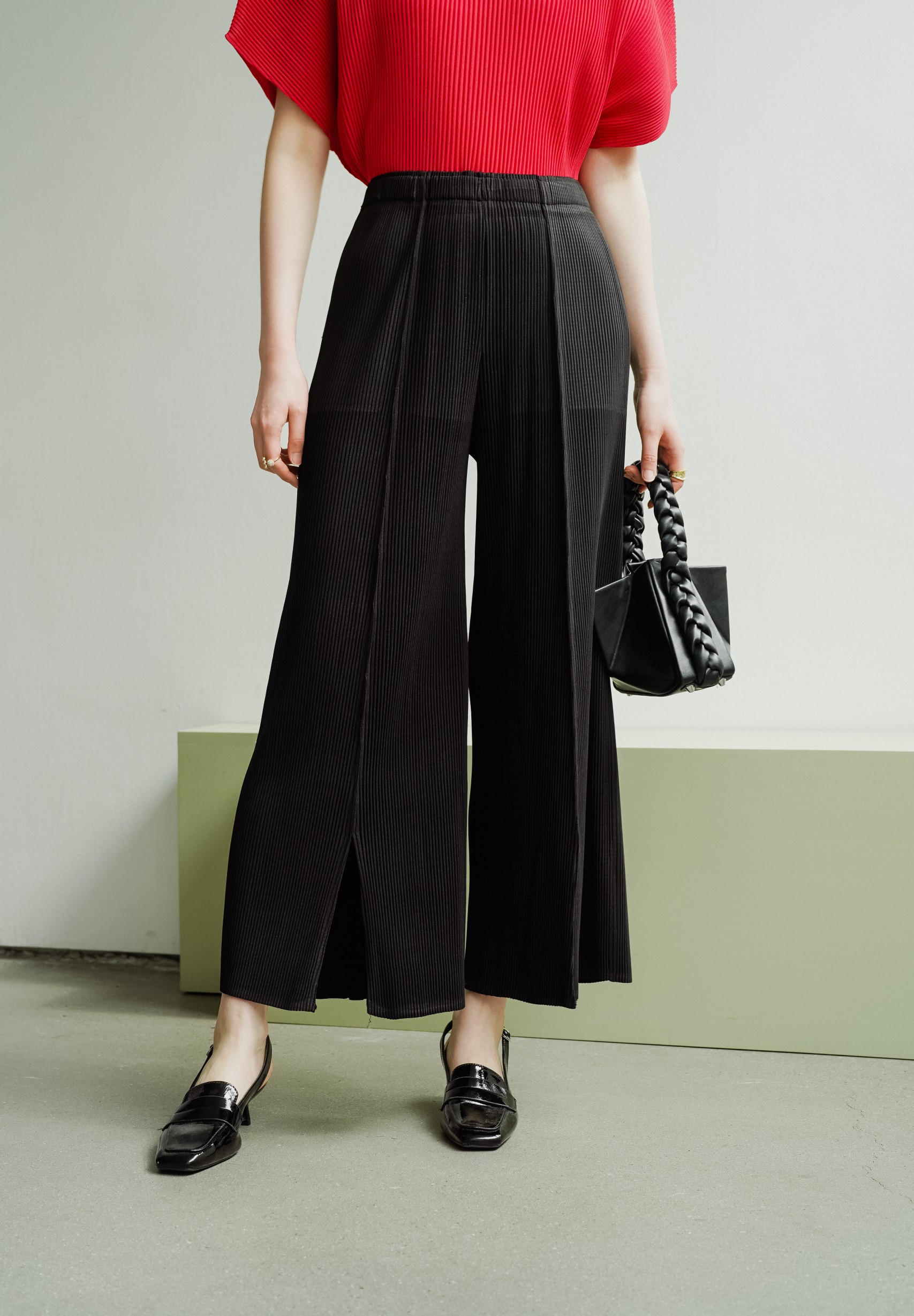 ยาว 37 นิ้ว 2MUAY รุ่น GJO3435 กางเกงพลีทคุณภาพ THICK WIDE LEG SPLIT FRONT PLEATED PANTS 10 สี FREE SIZE