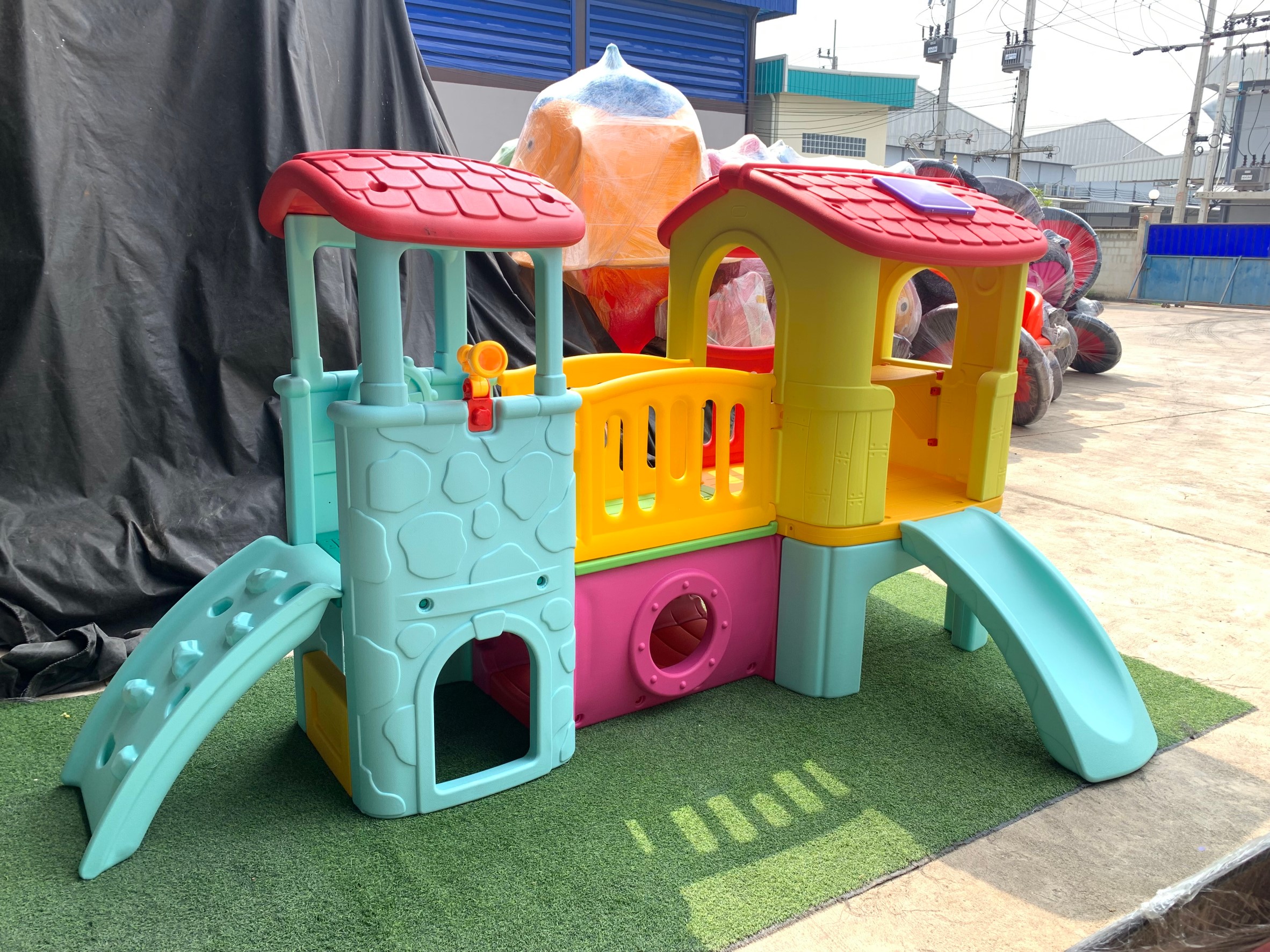 บ้านเด็กวินเทจ สีพาสเทล, สไลเดอร์พร้อมปีนป่าย บ้านสไลเดอร์ของเล่น บ้านน้อยสองชั้น กระดานลื่นพลาสติก,บ้านมีสไลเดอร์ , เครื่องเล่นสนาม พร้อมส่ง