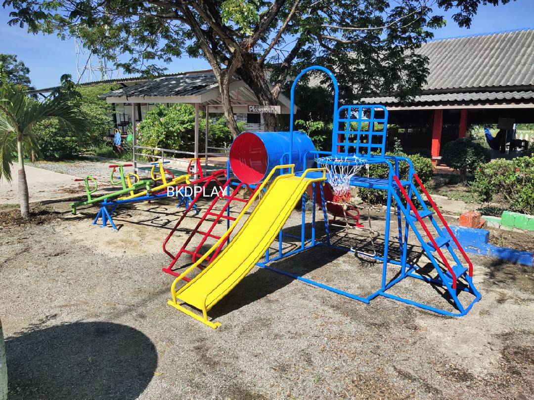 เครื่องเล่นสนามชุดรวมD ประกอบด้วยสไลเดอร์ปีนป่ายแป้นบาสและถังลอด, เครื่องเล่นสนามกลางแจ้ง , เครื่องเล่นสนามเหล็ก, ของเล่น, OutdoorPlayground,สนามเด็กเล่น,เครื่องเล่นงบสพฐ.ประชารัฐ ราคาโรงงาน