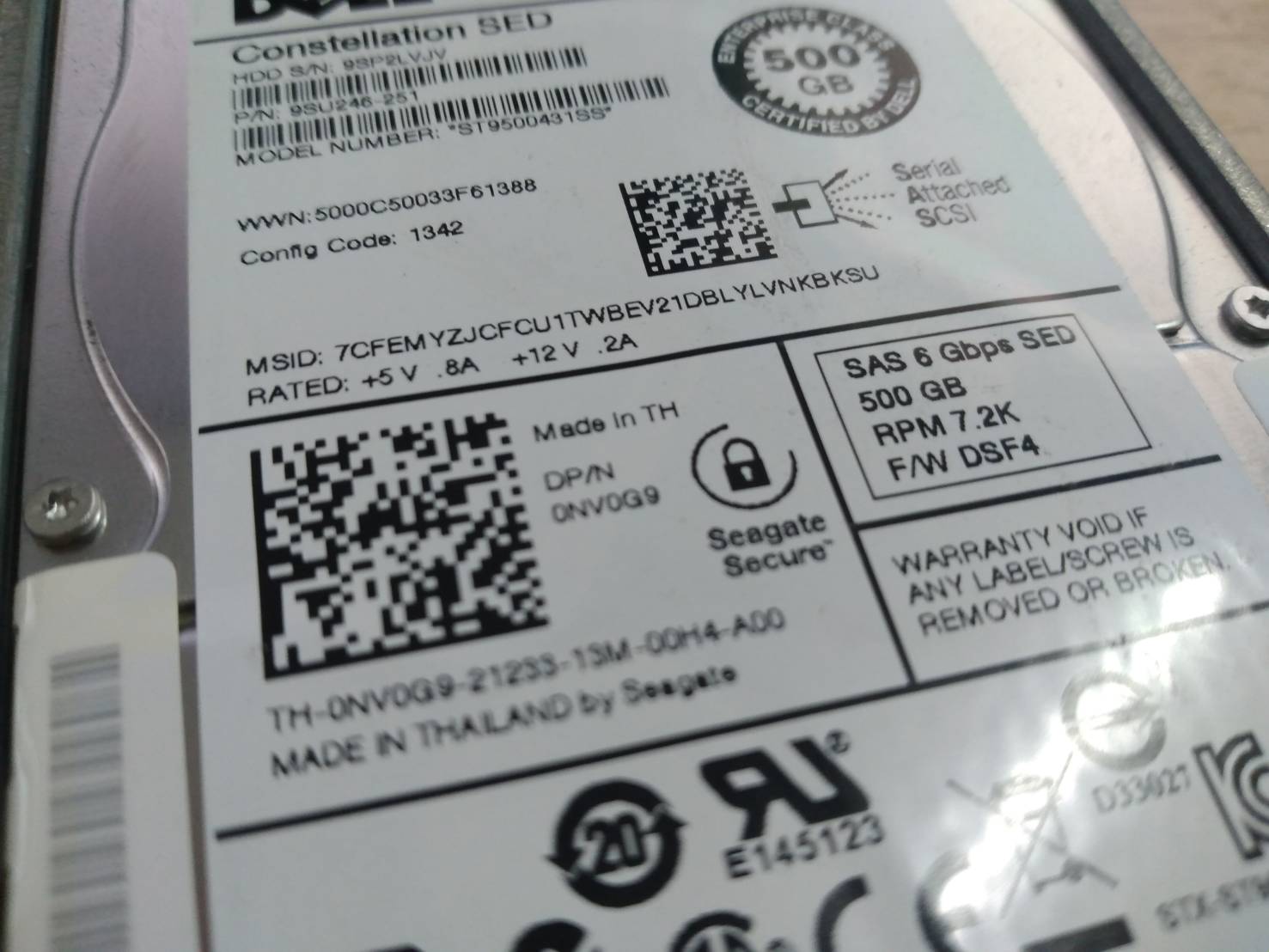 Dell NV0G9 500GB 7.2K 6Gbps SED SAS 2.5" Hard Drive 0NV0G9 Seagate ST9500431SS พร้อม tray