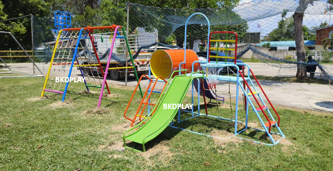เครื่องเล่นสนามชุดรวมD ประกอบด้วยสไลเดอร์ปีนป่ายแป้นบาสและถังลอด, เครื่องเล่นสนามกลางแจ้ง , เครื่องเล่นสนามเหล็ก, ของเล่น, OutdoorPlayground,สนามเด็กเล่น,เครื่องเล่นงบสพฐ.ประชารัฐ ราคาโรงงาน