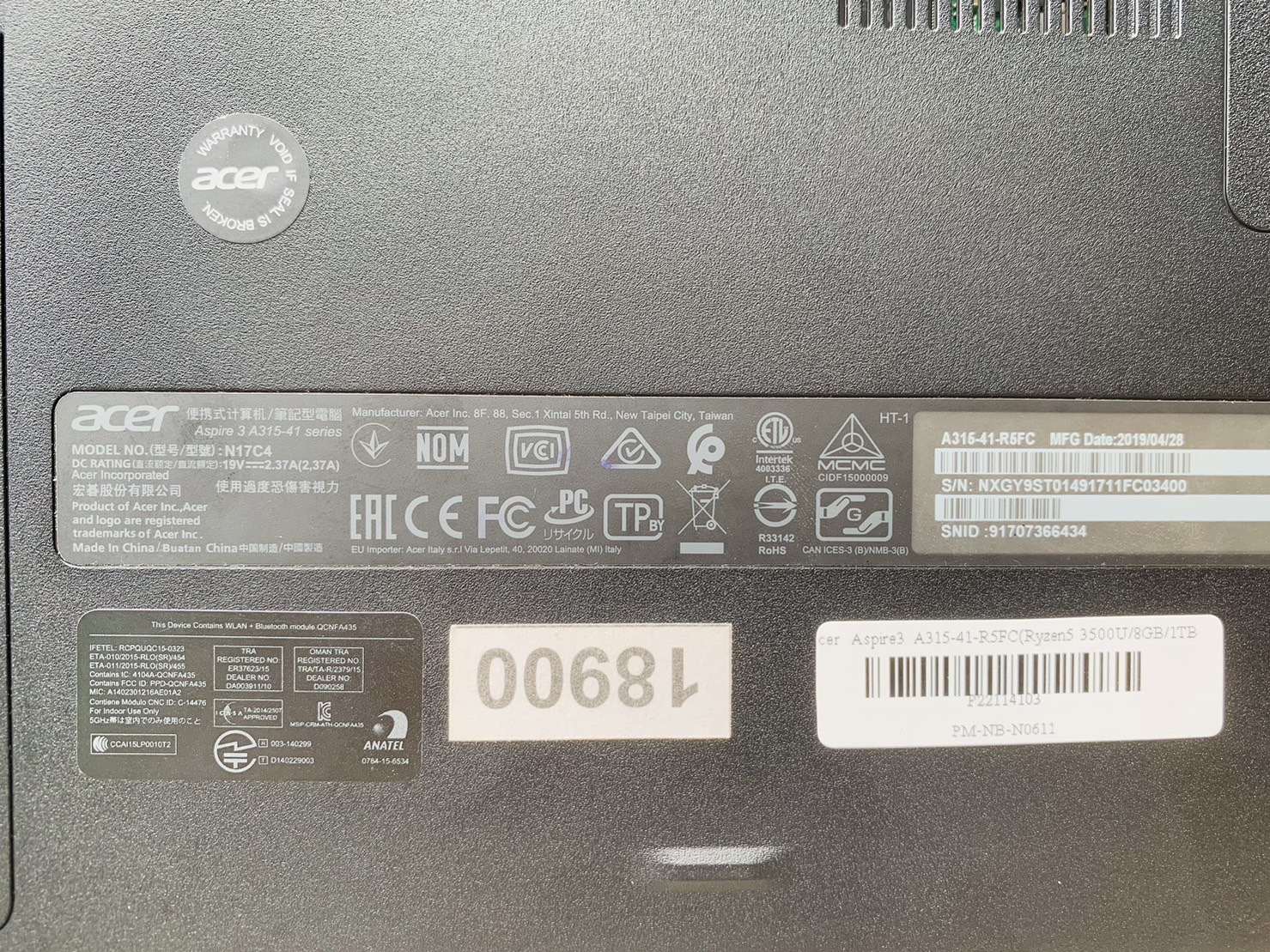 โน้ตบุ๊ค Notebook Acer Aspire3 A315-41-R5FC(Ryzen5 3500U/8GB/1TB)+Adapter คลิกขวามีเสียง กดใช้งานได้ปกติ