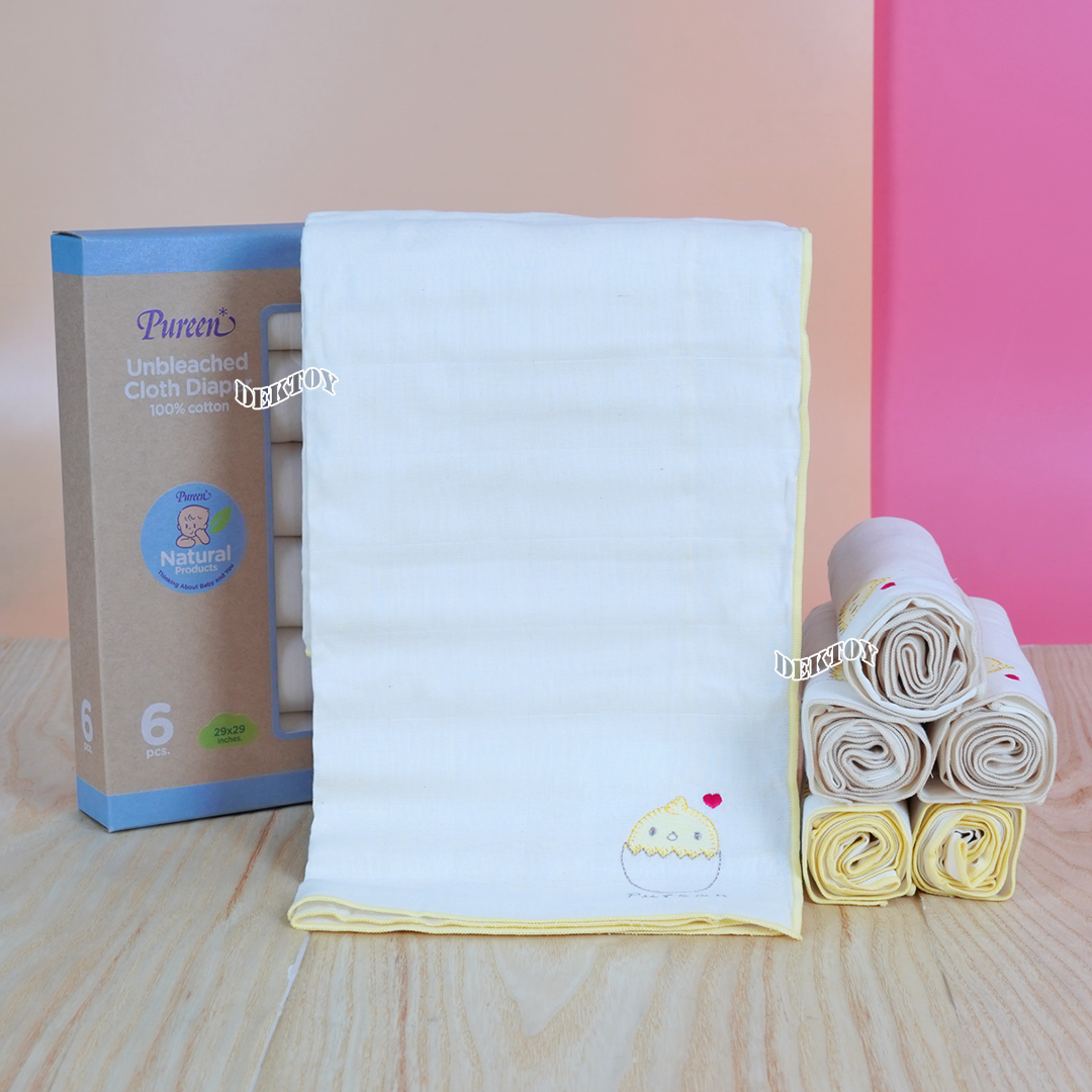 Pureen เพียวรีน ผ้าอ้อมคอตตอนเพียวรีนไม่ฟอกขาว Cotton USA 2 ชั้นไซส์ 29 x 29 นิ้ว แพ็ค 6 ผืน