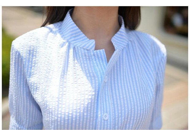 ชุดเดรสแฟชั่น ผ้าฝ้ายผ้าลินินแขนสั้นลายเส้นแนวตั้งเอวตั้งเป็นเสื้อเชิ้ต (ตามรูป)