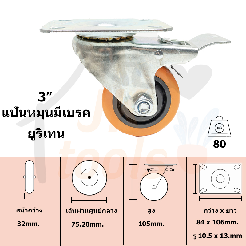 ล้อรถเข็น ยูริเทนแป้นขาหมุนมีเบรค ขนาด 3นิ้ว