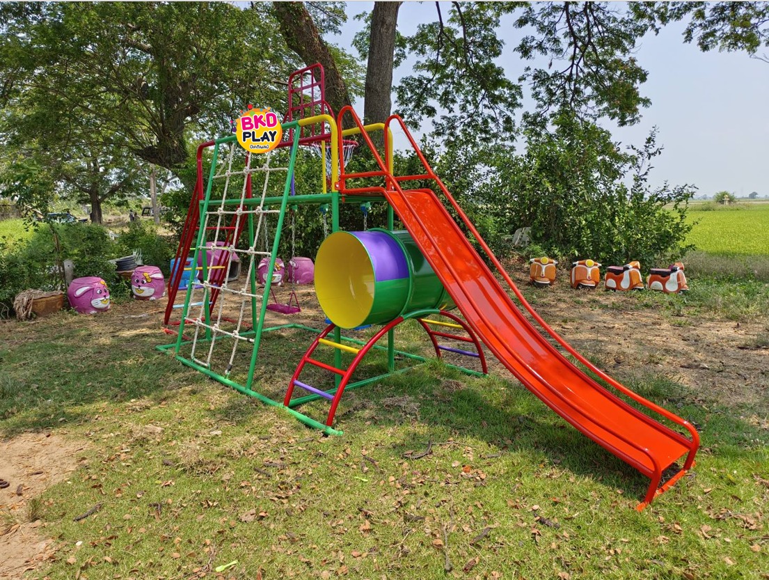 ชุดรวม E เชือกถักใหญ่ ประกอบด้วยสไลเดอร์ชิงช้าปีนป่ายแป้นบาสและถังลอดถ้ำ กระดานลื่นเหล็ก เครื่องเล่นสนามกลางแจ้ง เครื่องเล่นสนามเหล็ก OutdoorPlayground,ผลิตเครื่องเล่นสนาม,เครื่องเล่นในสนามเด็กเล่น,เครื่องเล่นงบสพฐ.,ประชารัฐ, ราคาโรงงาน