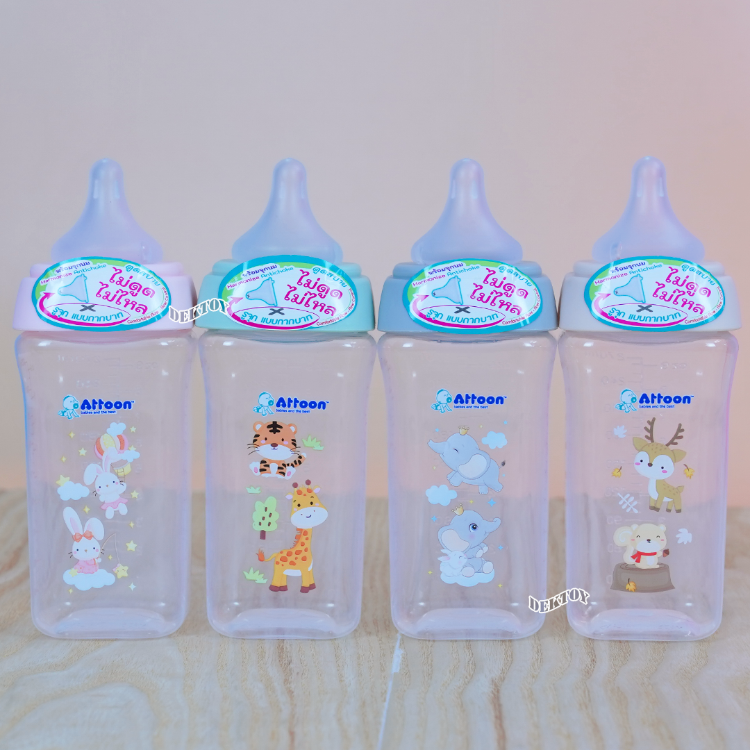ขวดนมแอทตูน PP คอกว้าง ขนาด 5 และ 9 ออนซ์ มาพร้อมกับจุก หนา นุ่ม ไม่ดูดไม่ไหล