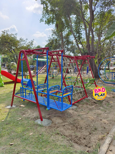 เครื่องเล่นสนามกลางแจ้ง เหล็ก ชุดปีนป่ายรวมรถไฟ พร้อมชิงช้านั่งคู่ OutdoorPlayground,ผลิตเครื่องเล่นสนาม,เครื่องเล่นในสนามเด็กเล่น,เครื่องเล่นงบสพฐ.,ประชารัฐ, ราคาโรงงาน ขนาด 150 x 350 x 160 ซม.