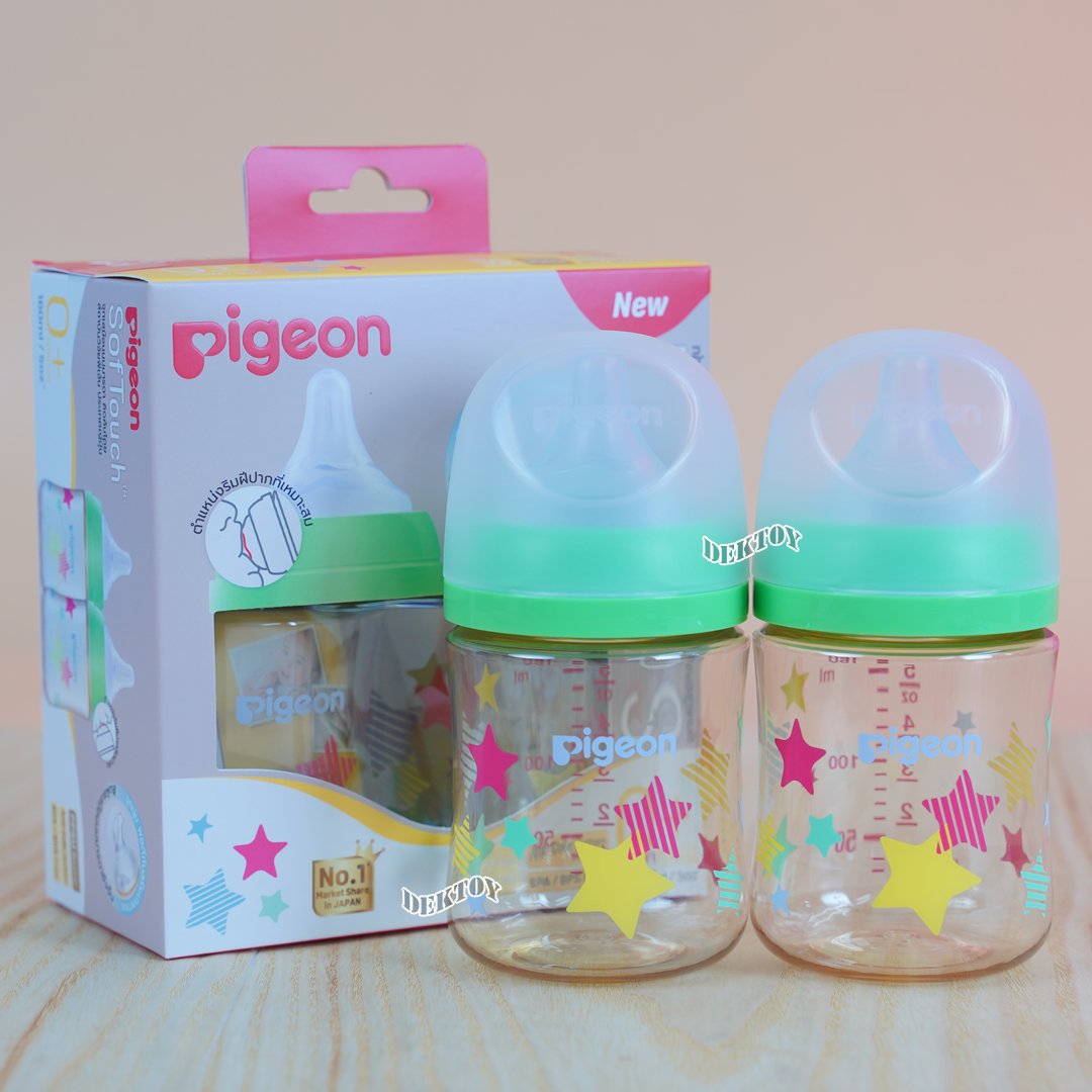 Pigeon พีเจ้น ขวดนมพีเจ้นสีชา PPSU 5 ออนซ์ 160 มล. คอกว้าง แพ็ค2ขวด ลายดาว