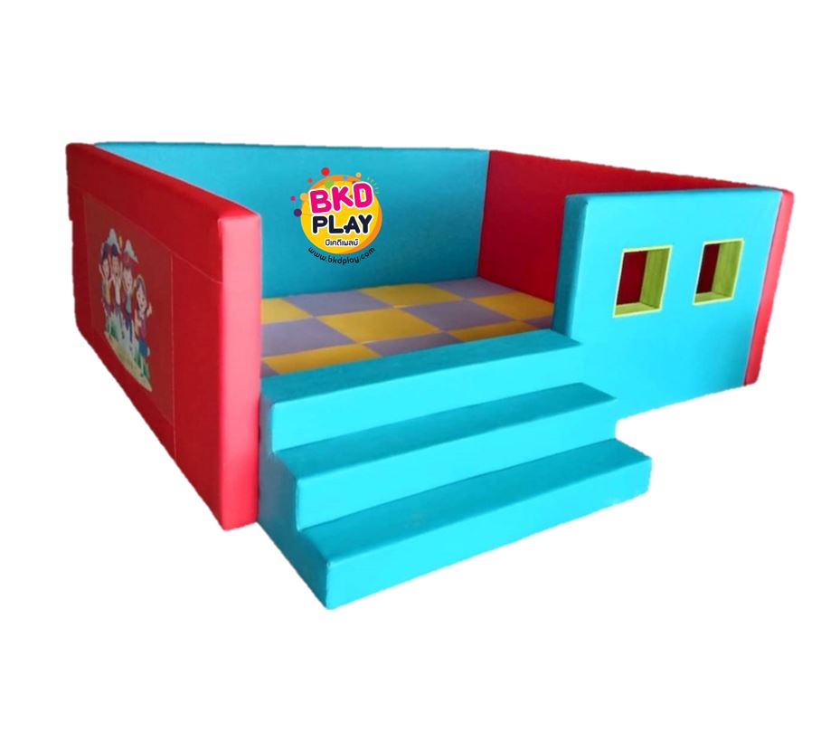 ห้องบอลมีหน้าต่างพร้อมบันได, บ่อบอลเด็ก, คอกกั้นเด็ก ,เบาะหนังนุ่มนิ่ม softplay, indoor playground kidszone สวนสนุกในร่ม รับสั่งทำ บ่อบอล ห้องบอล ตามขนาด