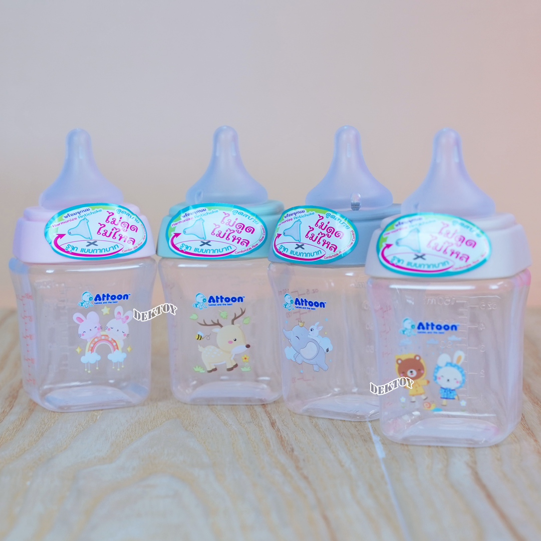 ขวดนมแอทตูน PP คอกว้าง ขนาด 5 และ 9 ออนซ์ มาพร้อมกับจุก หนา นุ่ม ไม่ดูดไม่ไหล
