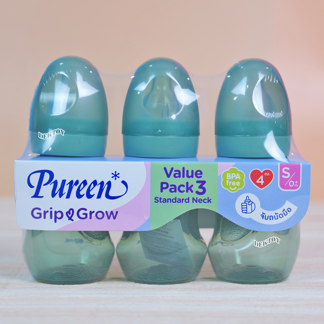 Pureen ขวดนมเพียวรีนจับถนัดมือ PPคอมาตรฐานแพ็ค3ขวดจุกนุ่มAnti-colic Grip grow